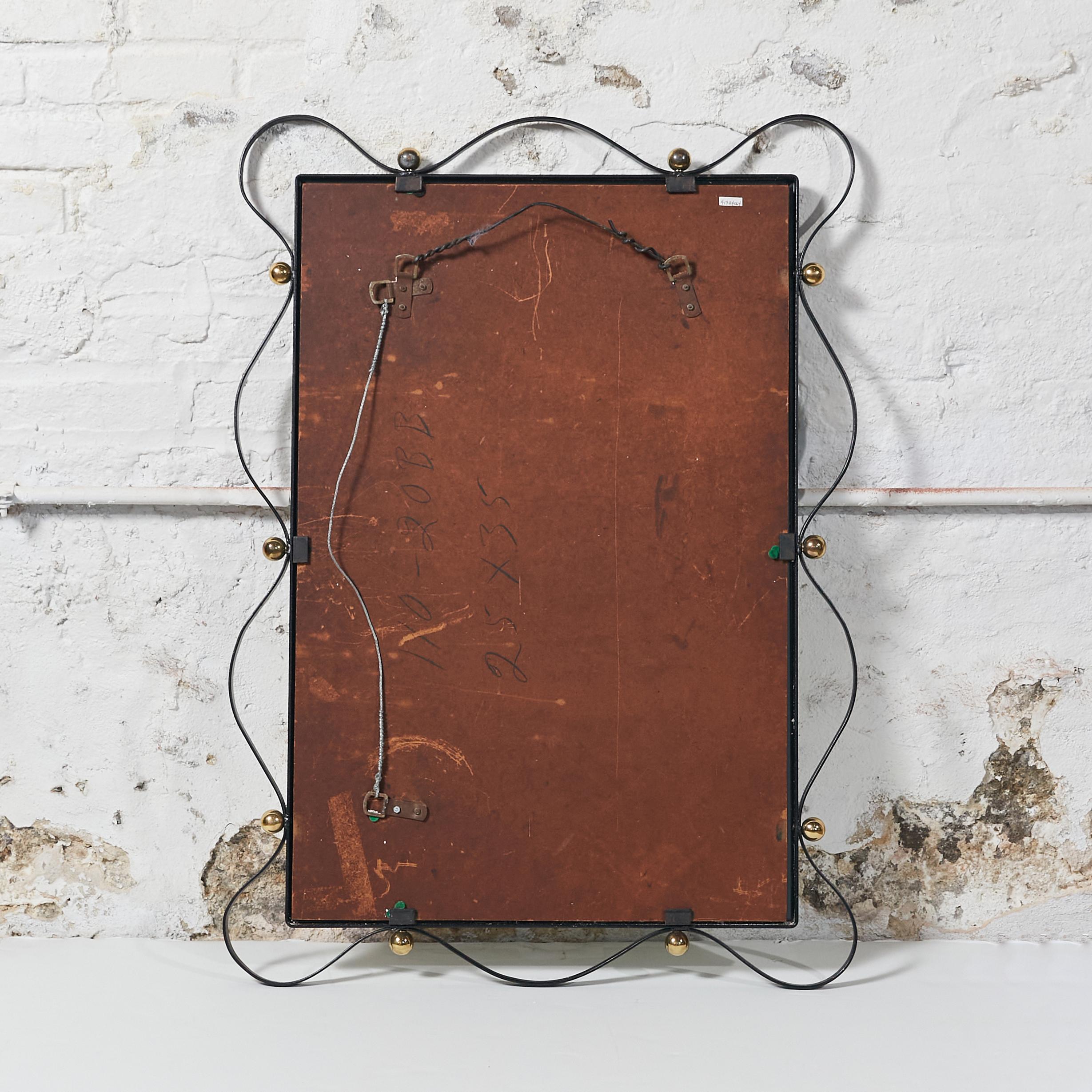 Mid-Century Modern French Rectangular Wall Mirror with Ribbon Metal Frame and Bronze Bolts