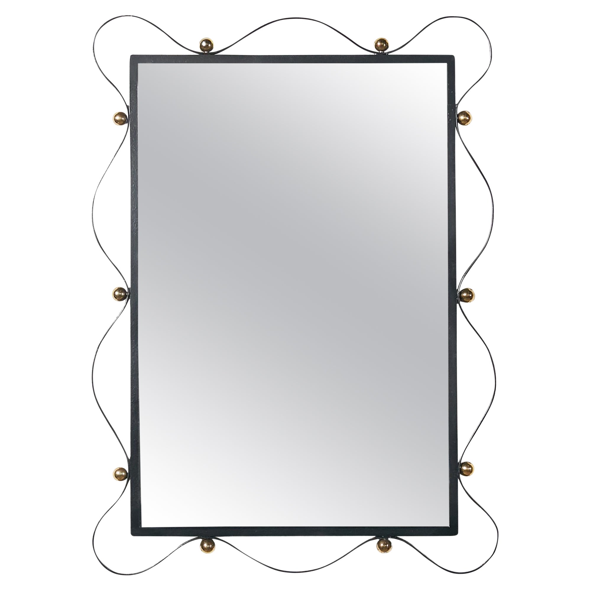 French Rectangular Wall Mirror with Ribbon Metal Frame and Bronze Bolts