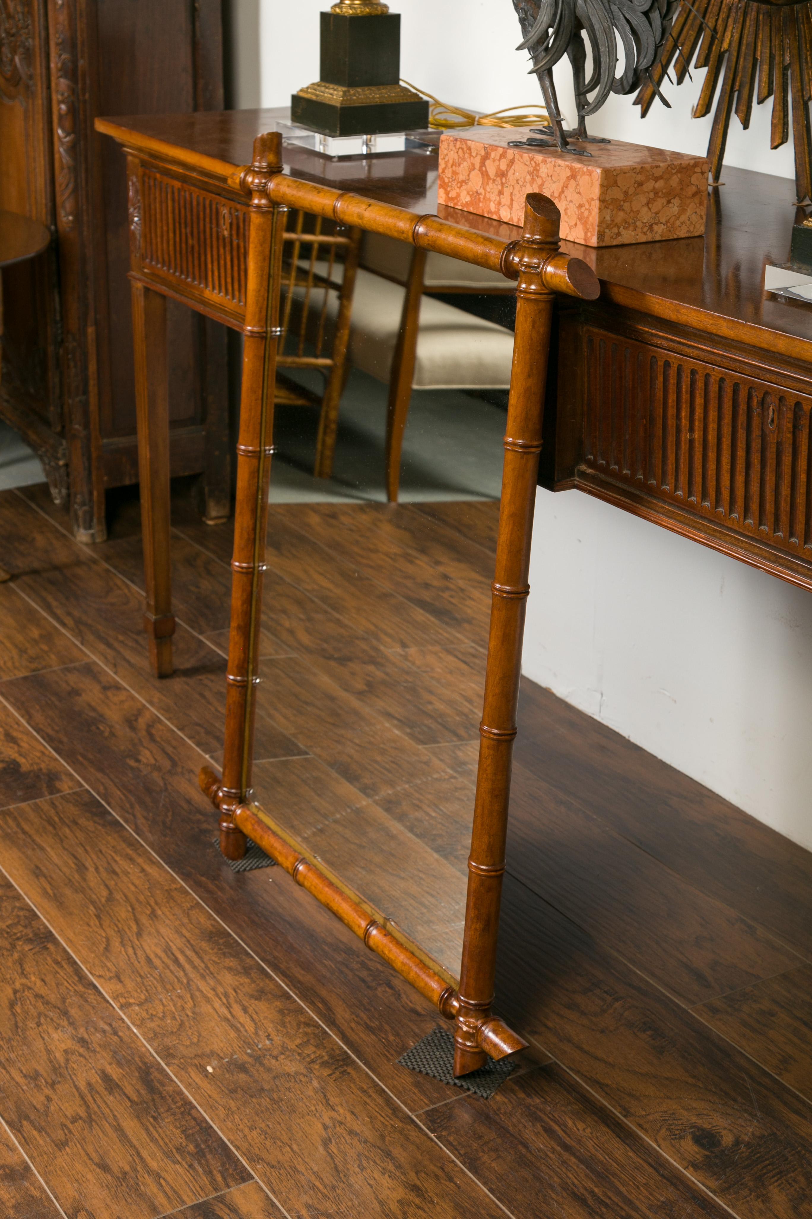 French Rectangular Walnut Faux Bamboo Mirror with Brown Patina 8