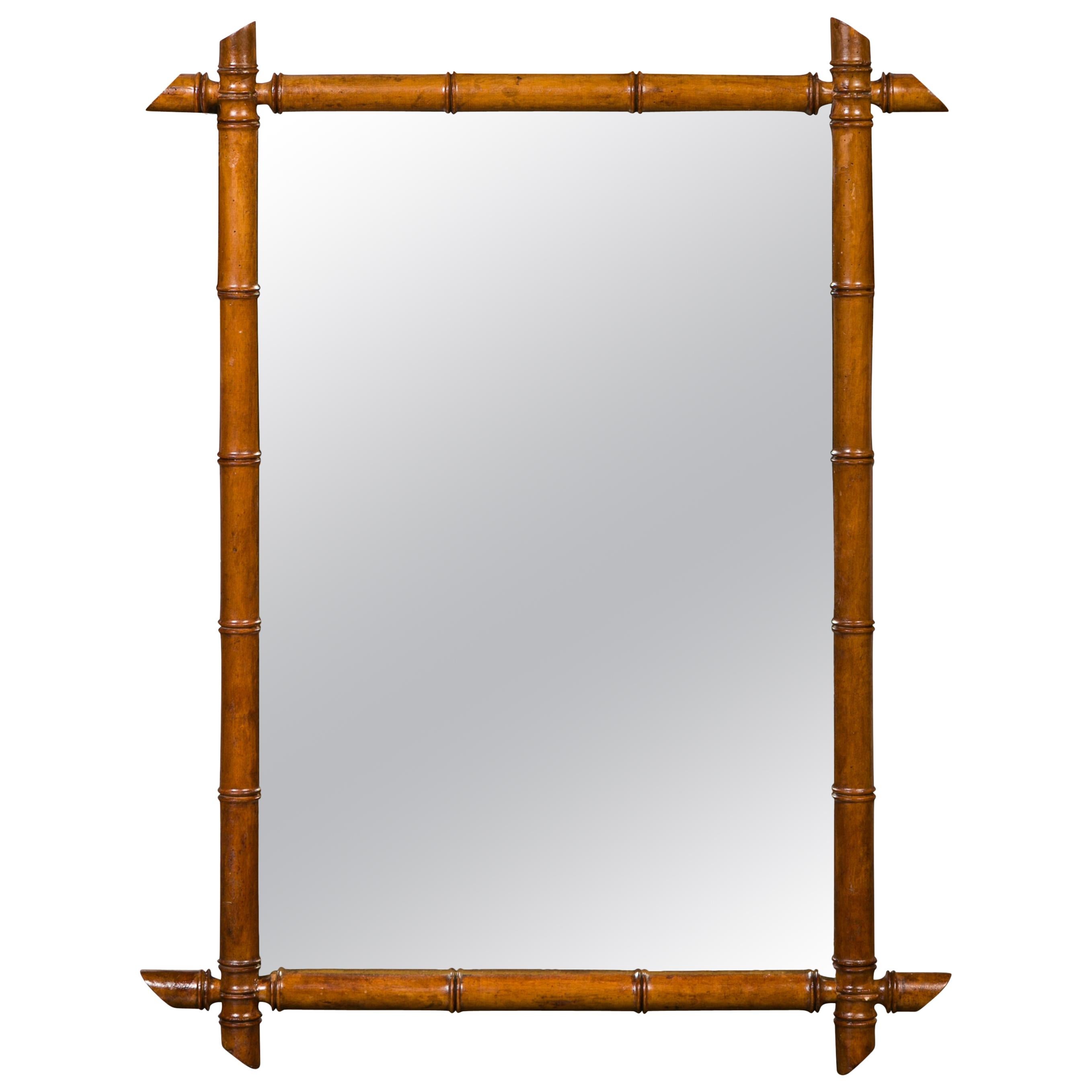 French Rectangular Walnut Faux Bamboo Mirror with Brown Patina