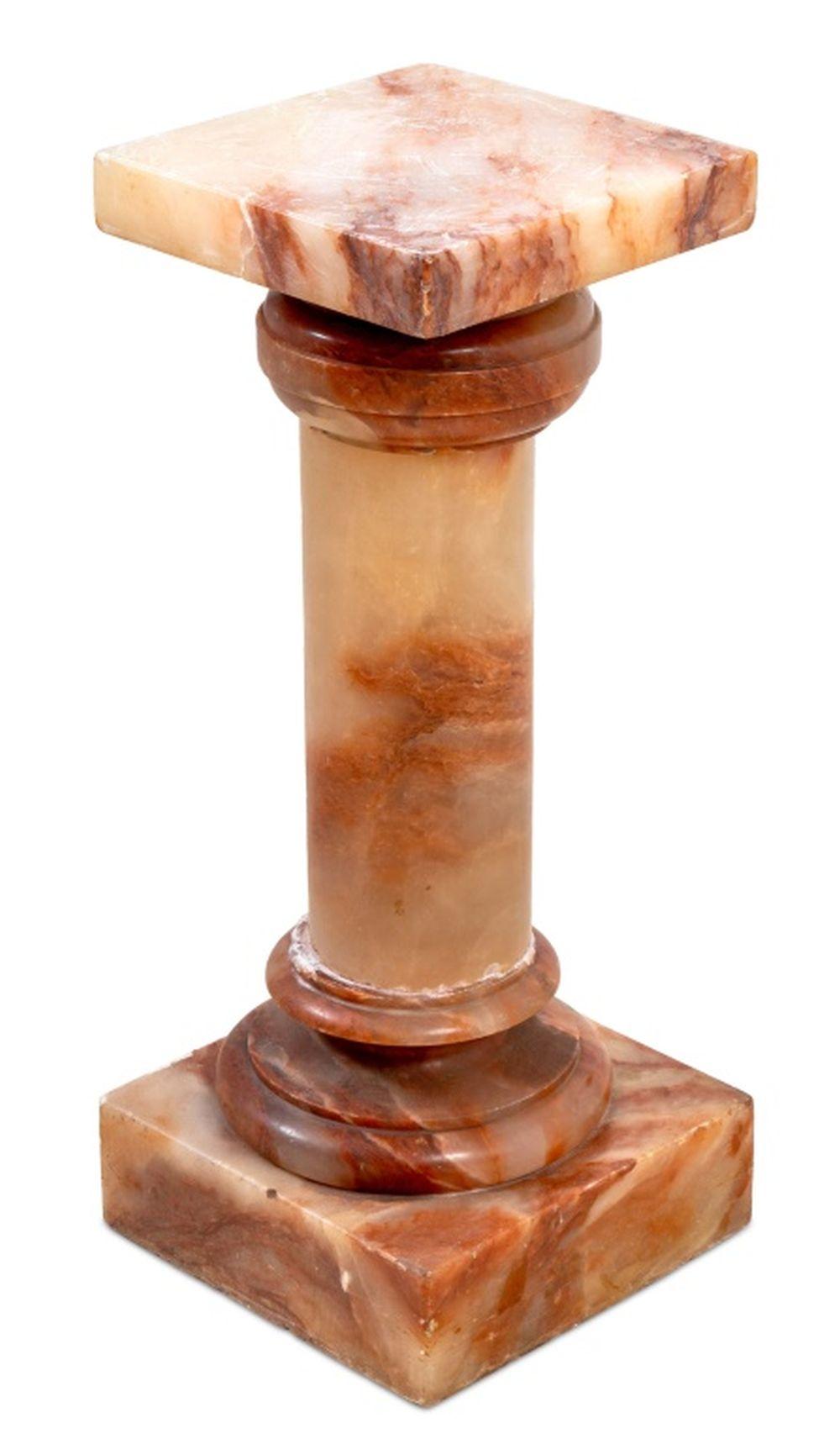 French Red Alabaster Pedestal, early 20th century, with a square revolving top, on a tapering pedestal, stepped socle and square plinth.

28.75