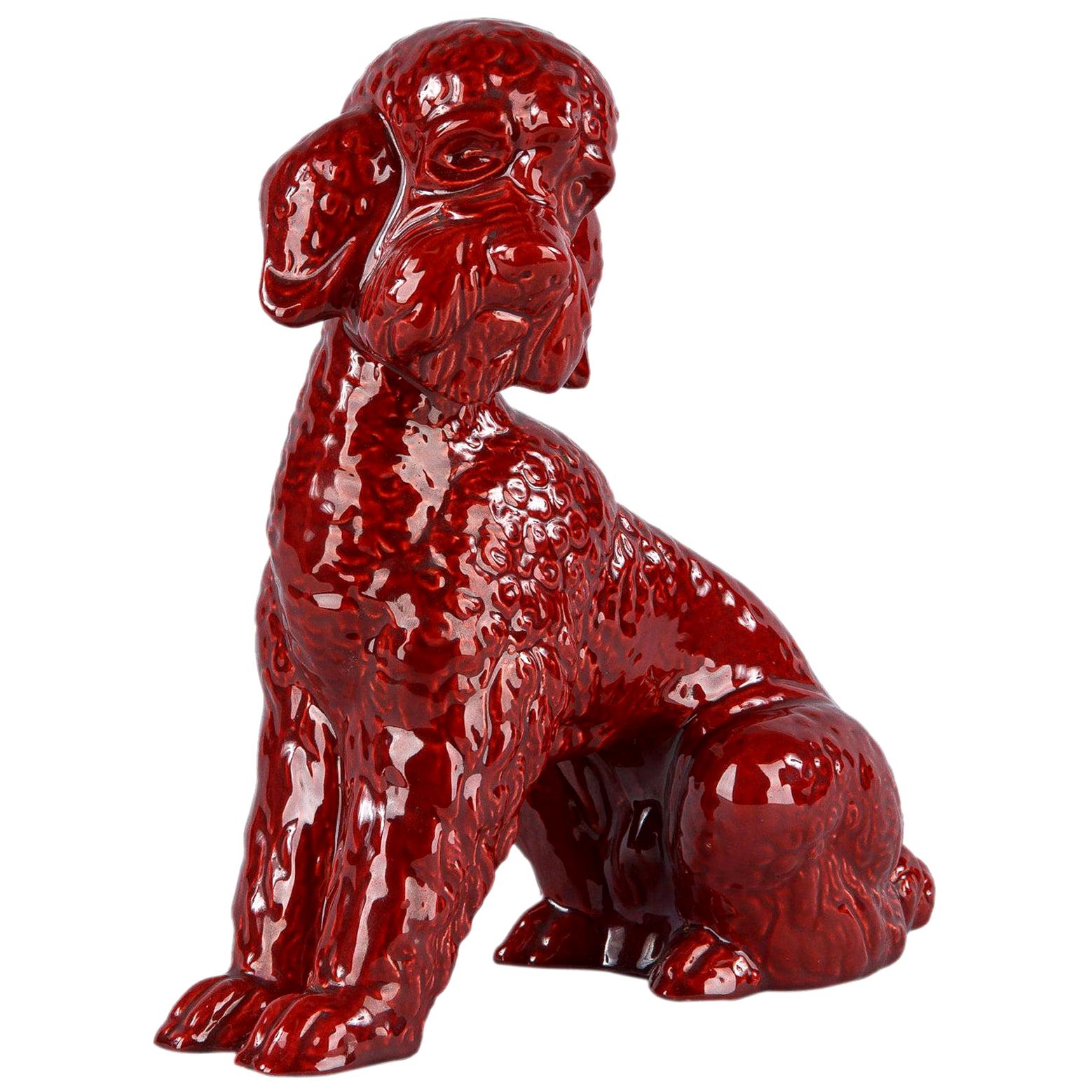 French Red Ceramic Poodle Dog Sculpture, 1950s