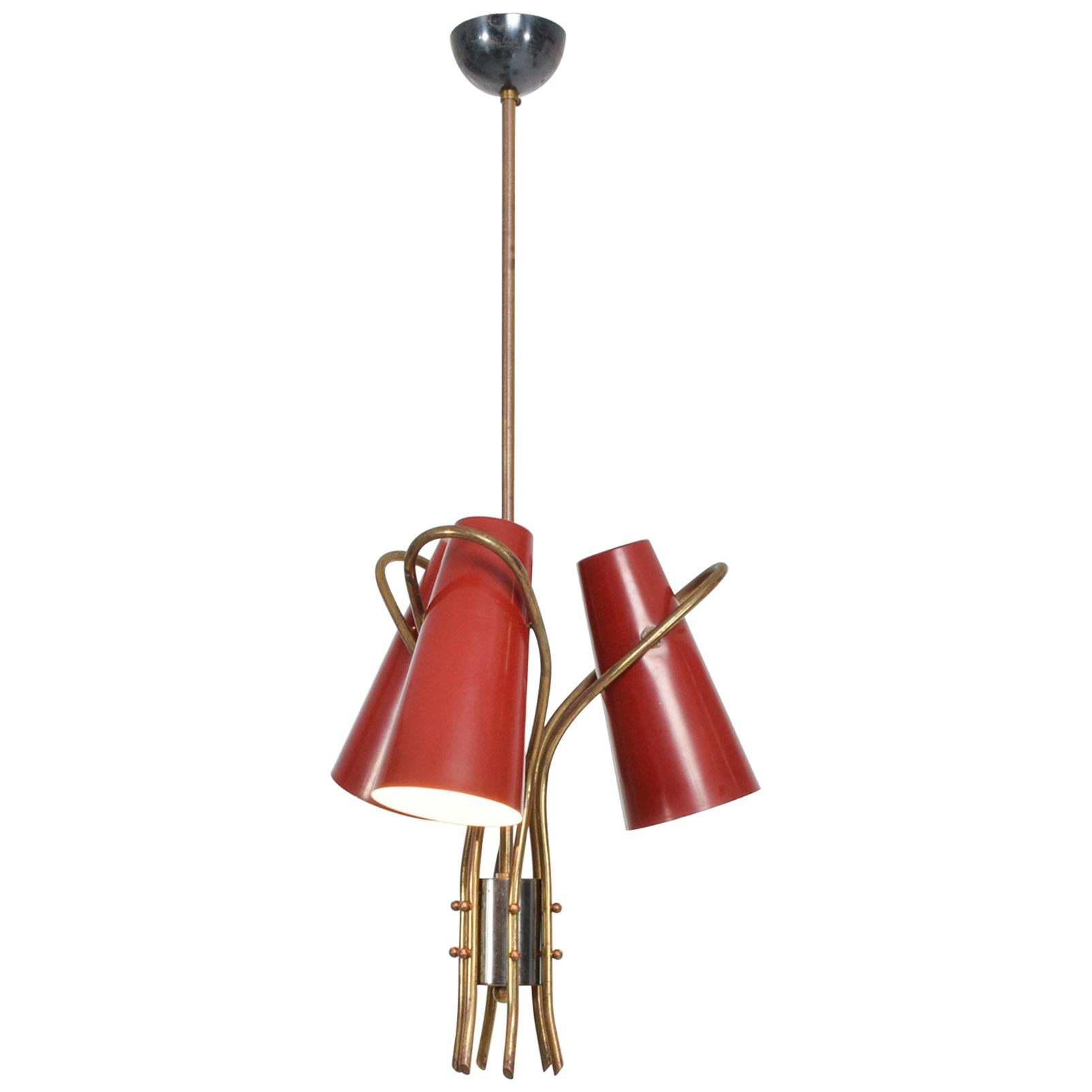 French Red Chandelier Style of Pierre Guariche Curved Triple Cone Lamp, 1950s