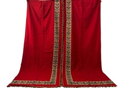 Eight Pieces French Red Cotton Padded Curtains with Wide Weaved Trim and Tassels
