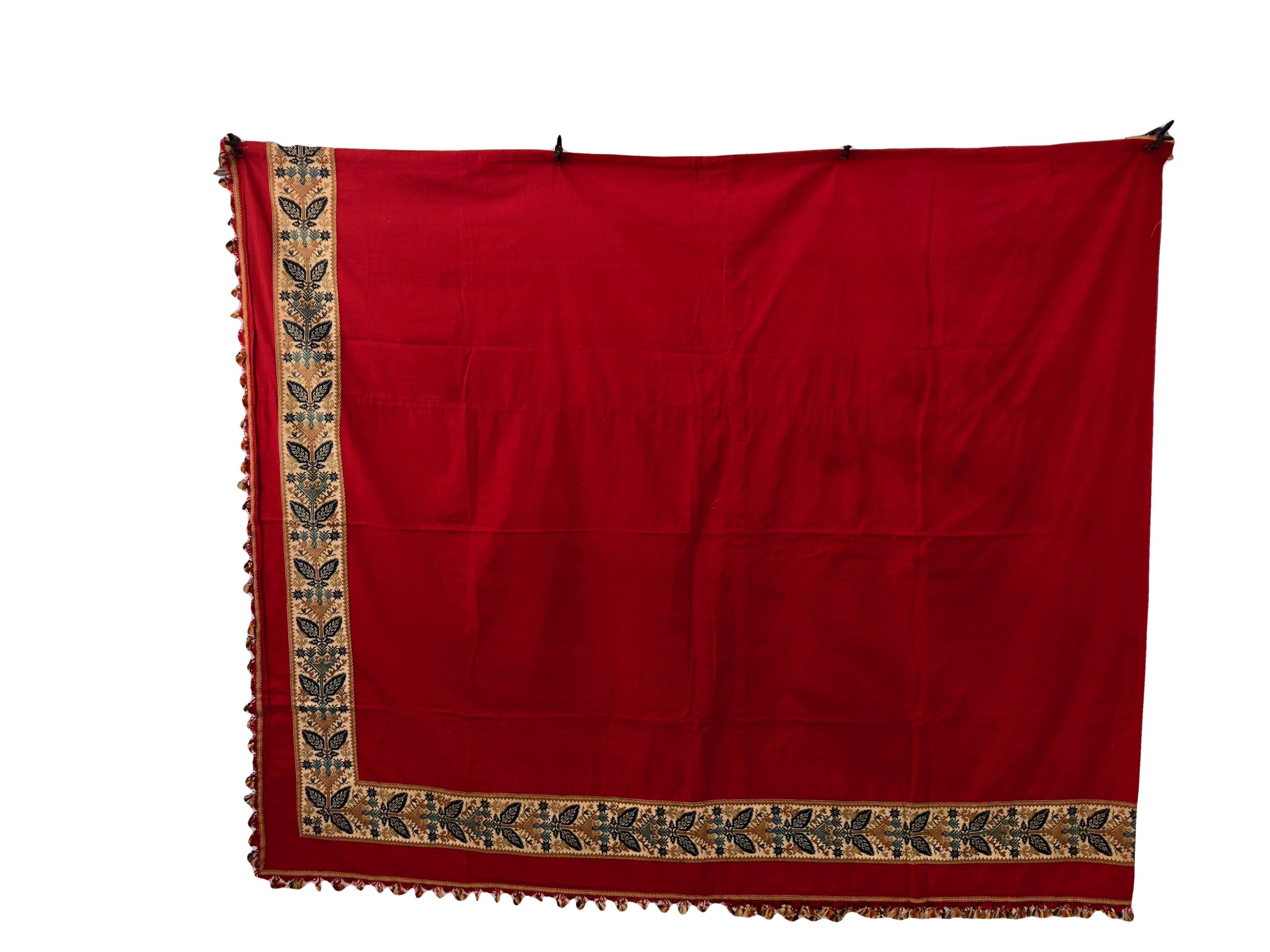 French Provincial Eight Pieces French Red Cotton Padded Curtains with Wide Weaved Trim and Tassels For Sale