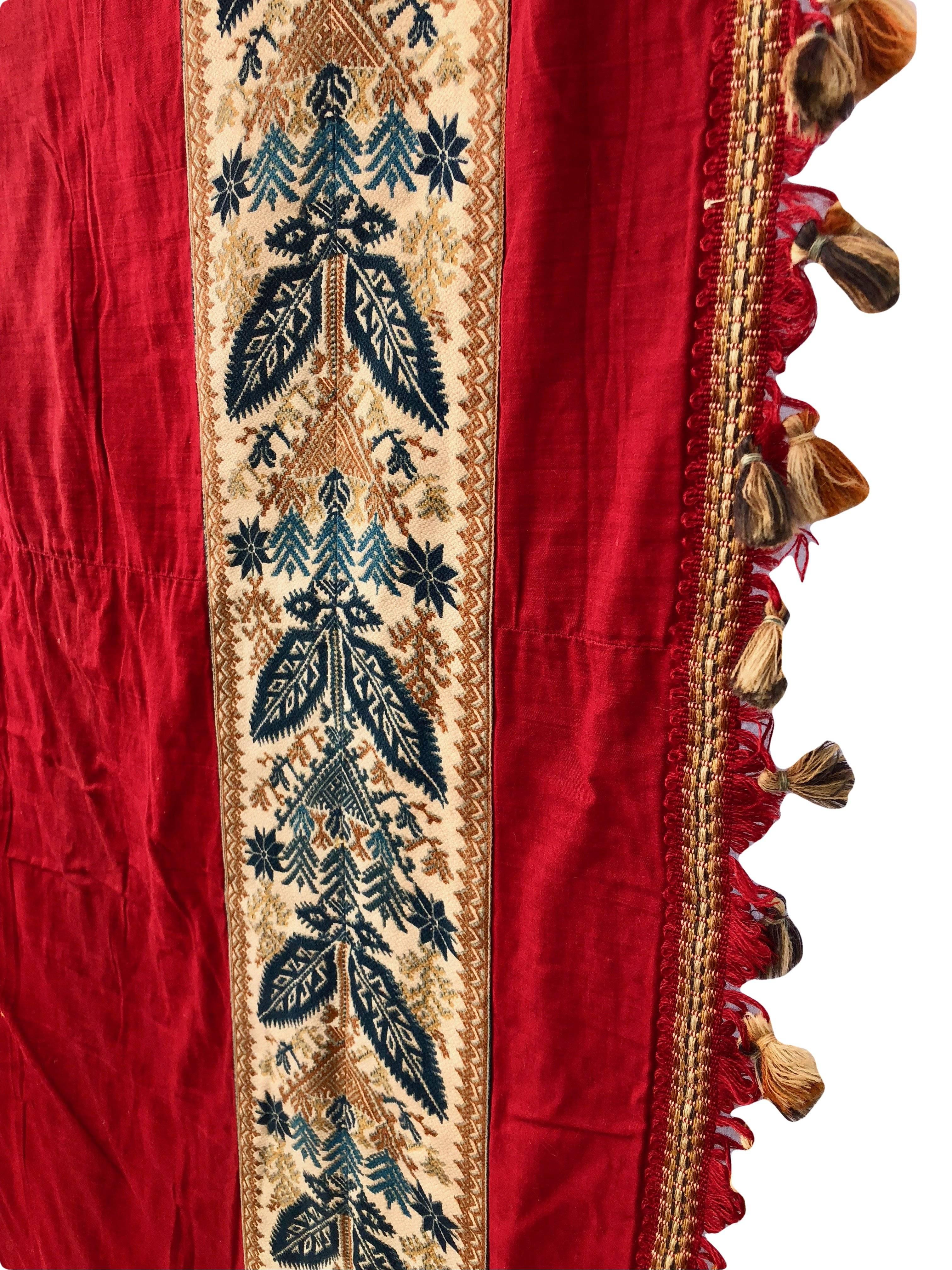 Eight Pieces French Red Cotton Padded Curtains with Wide Weaved Trim and Tassels For Sale 3