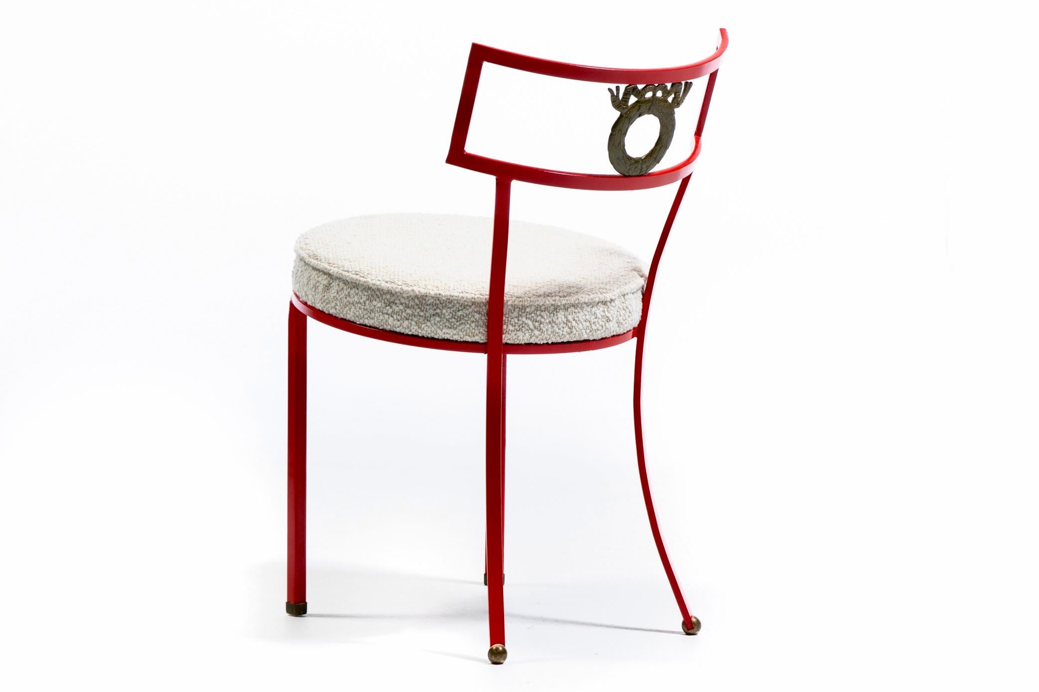 French Red Enameled Iron and Brass Side Chairs with Stylized Wreath Detail 1940s For Sale 5