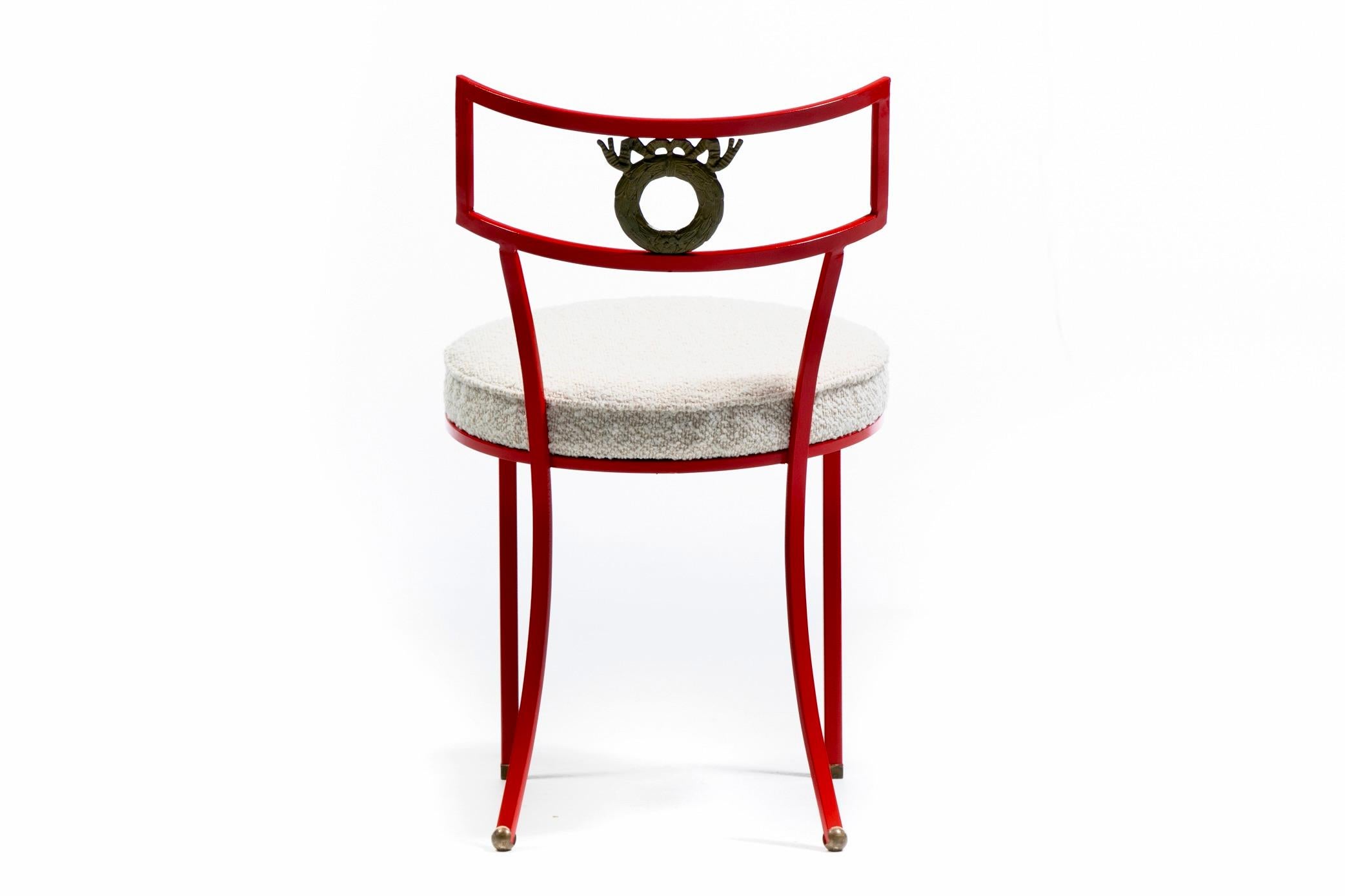 French Red Enameled Iron and Brass Side Chairs with Stylized Wreath Detail 1940s For Sale 6