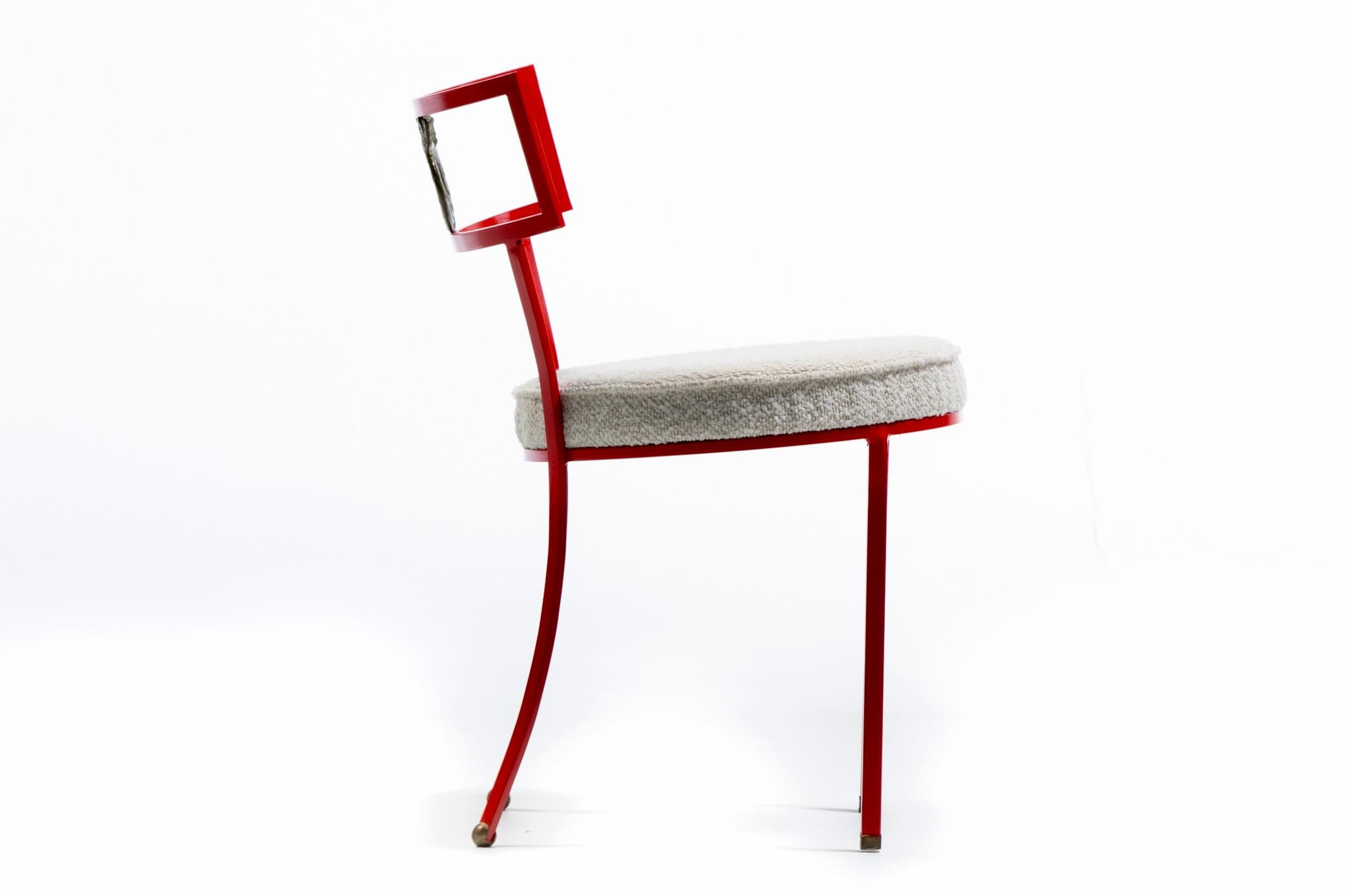 French Red Enameled Iron and Brass Side Chairs with Stylized Wreath Detail 1940s For Sale 7