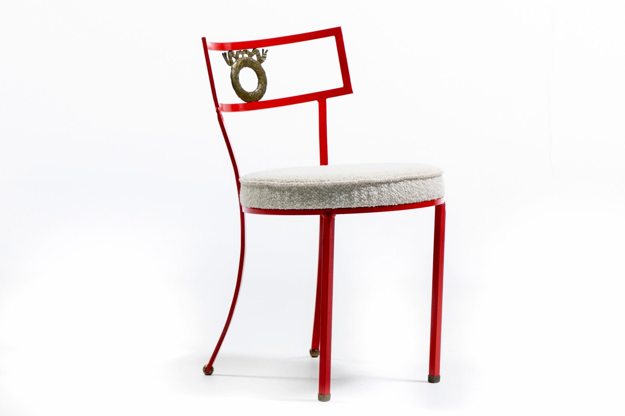 French Red Enameled Iron and Brass Side Chairs with Stylized Wreath Detail 1940s For Sale 8