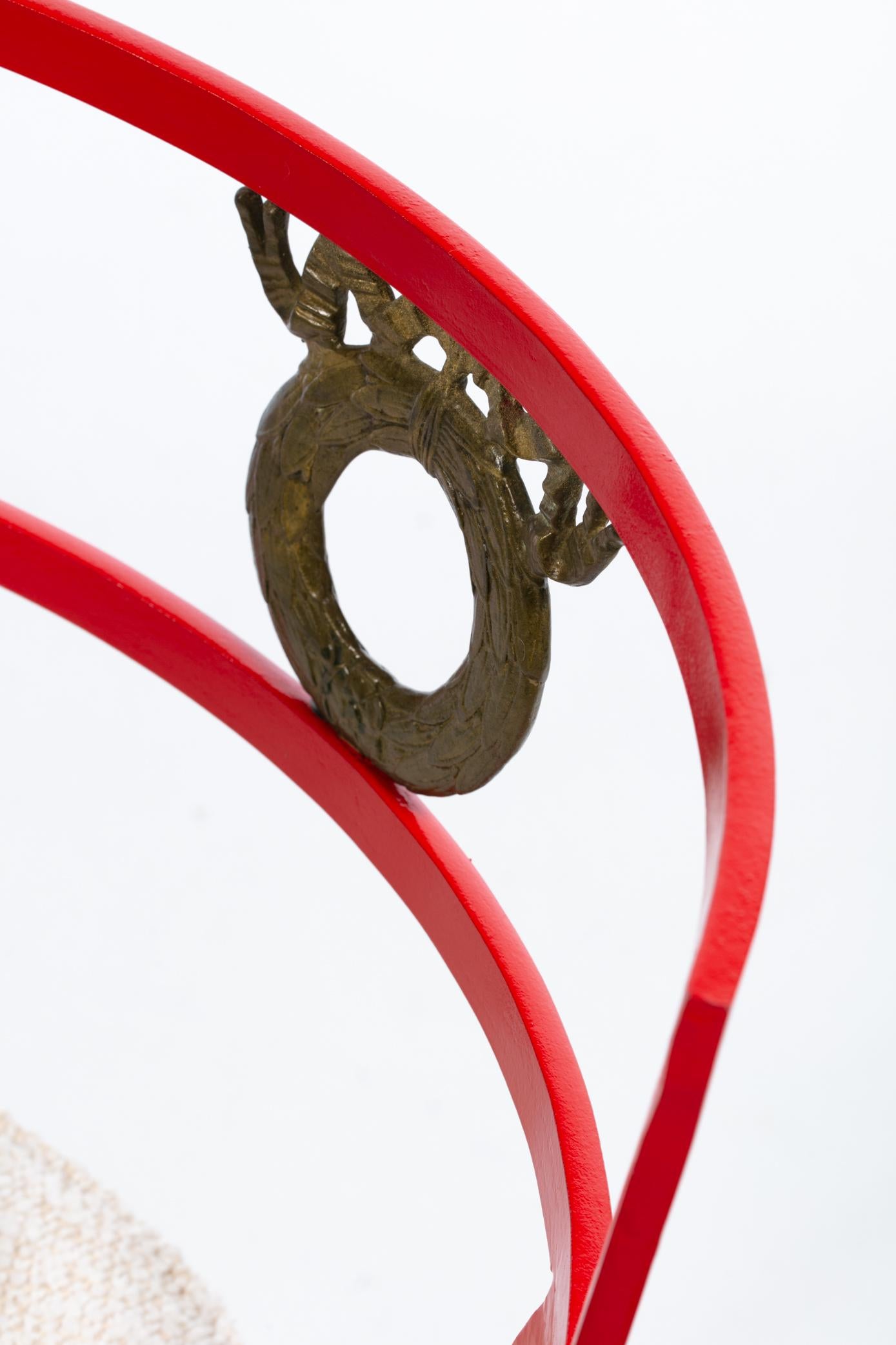 French Red Enameled Iron and Brass Side Chairs with Stylized Wreath Detail 1940s For Sale 10
