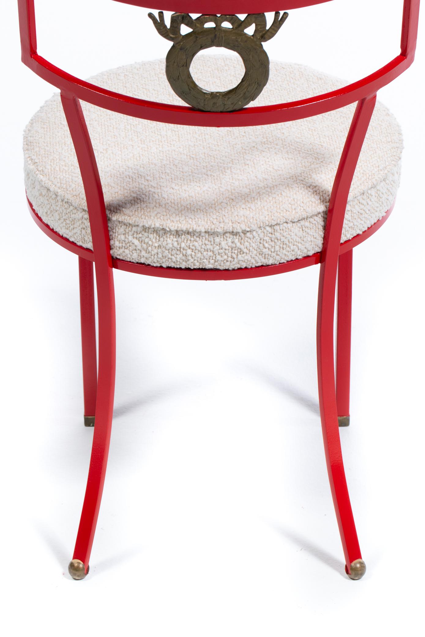 French Red Enameled Iron and Brass Side Chairs with Stylized Wreath Detail 1940s For Sale 12