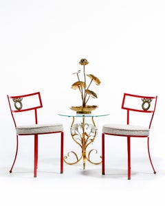 French Red Enameled Iron and Brass Side Chairs with Stylized Wreath Detail 1940s