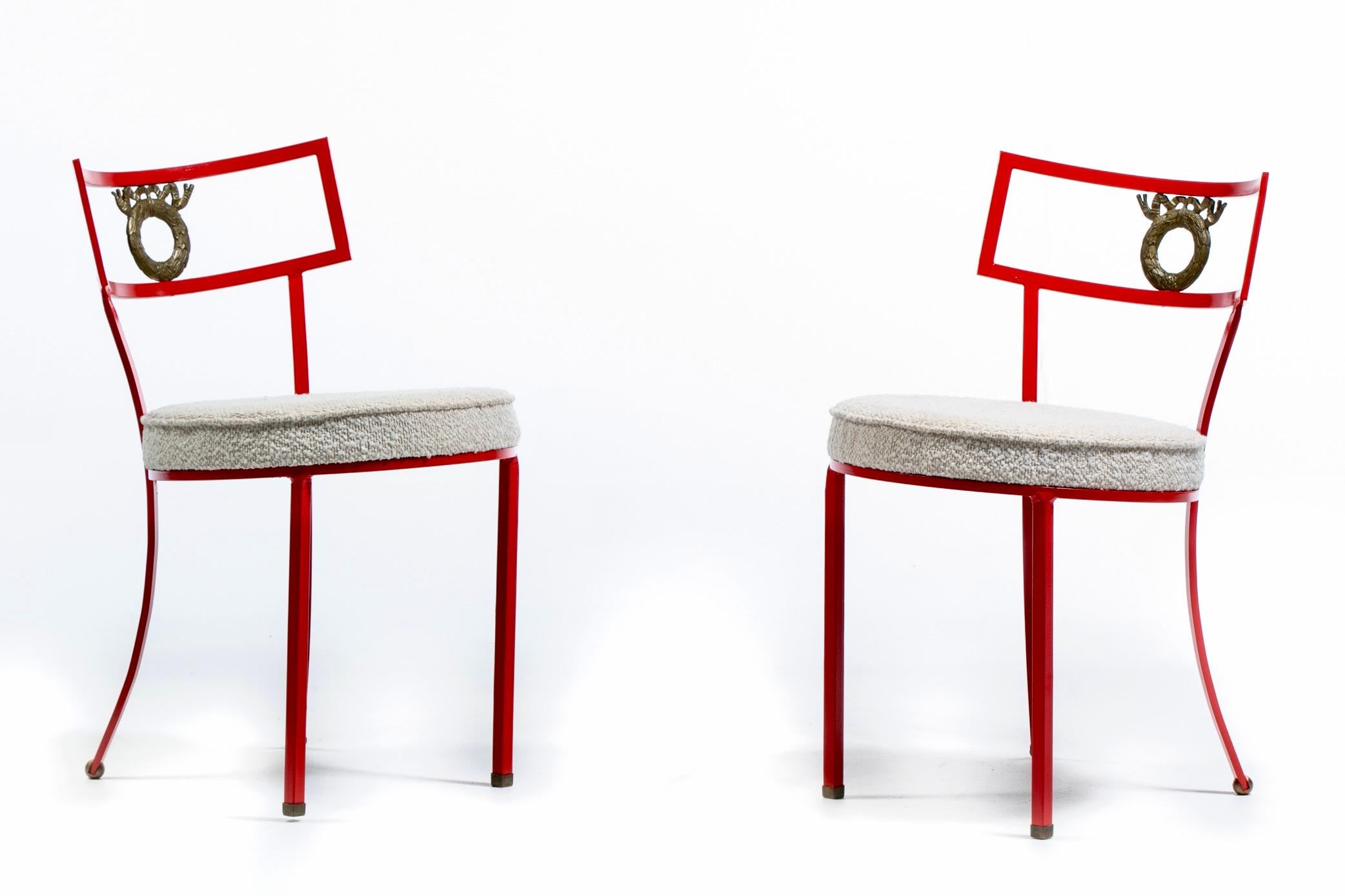 Hollywood Regency French Red Enameled Iron and Brass Side Chairs with Stylized Wreath Detail 1940s For Sale