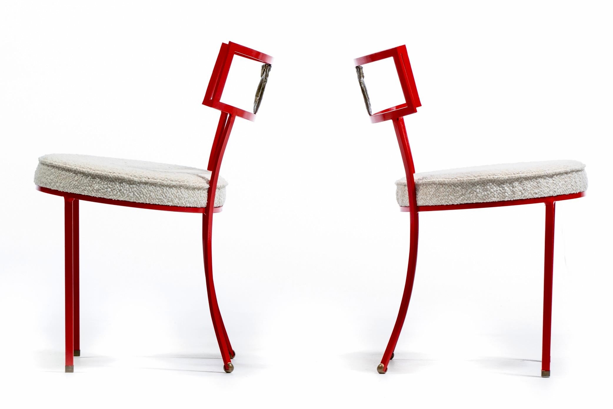 French Red Enameled Iron and Brass Side Chairs with Stylized Wreath Detail 1940s In Good Condition For Sale In Saint Louis, MO