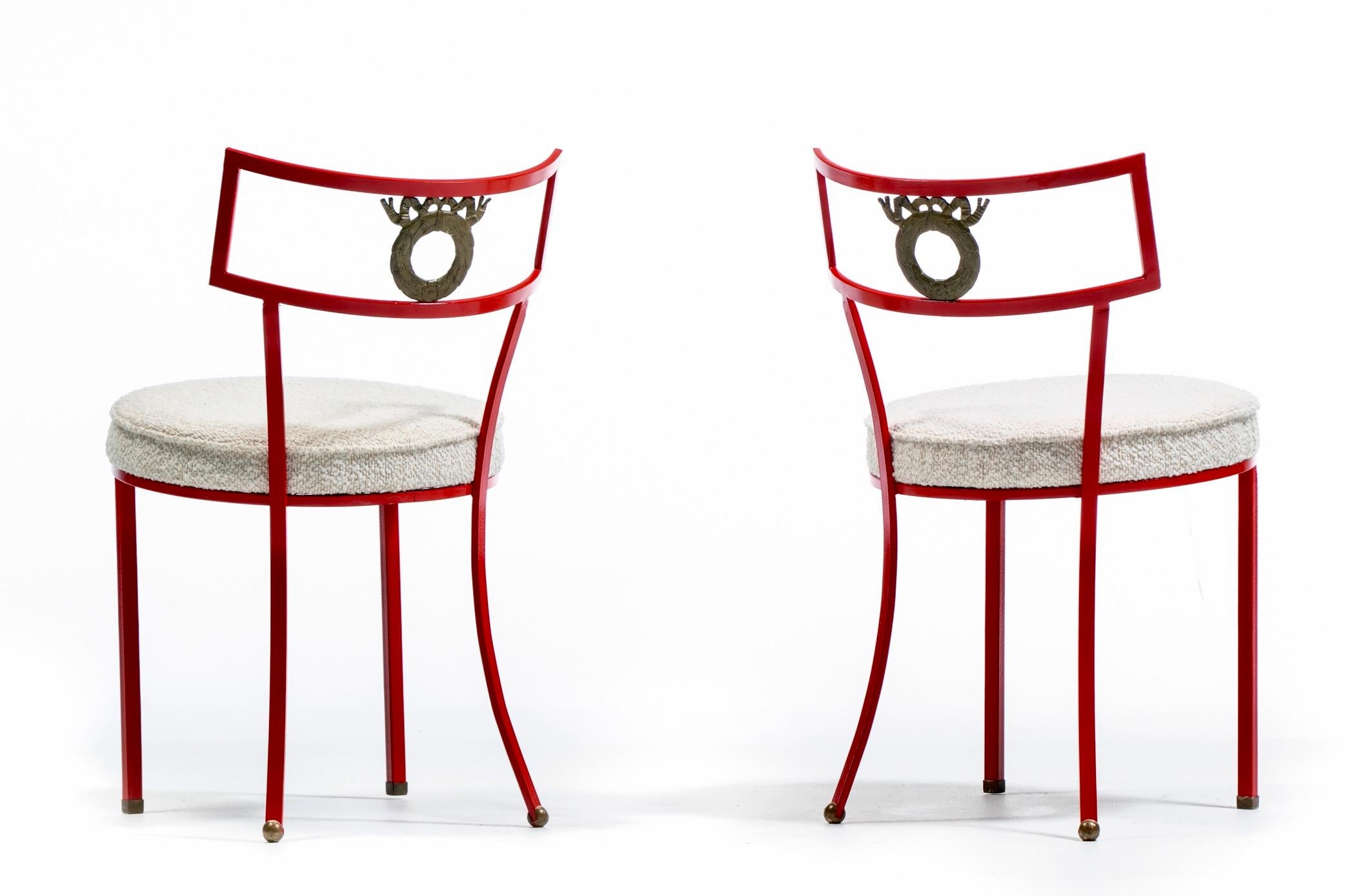 Mid-20th Century French Red Enameled Iron and Brass Side Chairs with Stylized Wreath Detail 1940s For Sale