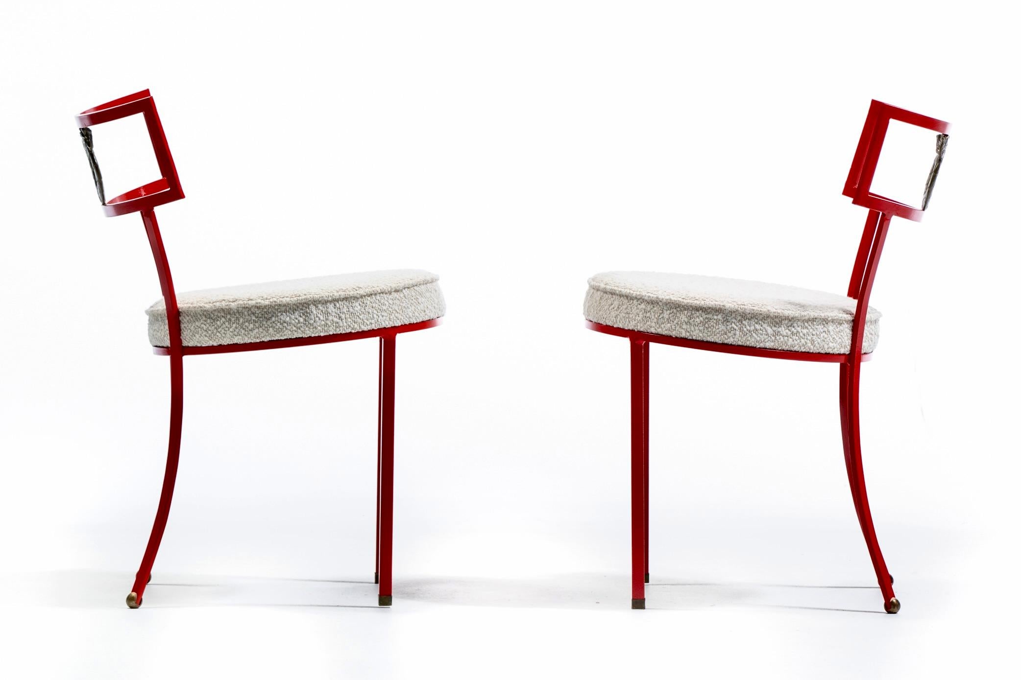 French Red Enameled Iron and Brass Side Chairs with Stylized Wreath Detail 1940s For Sale 1