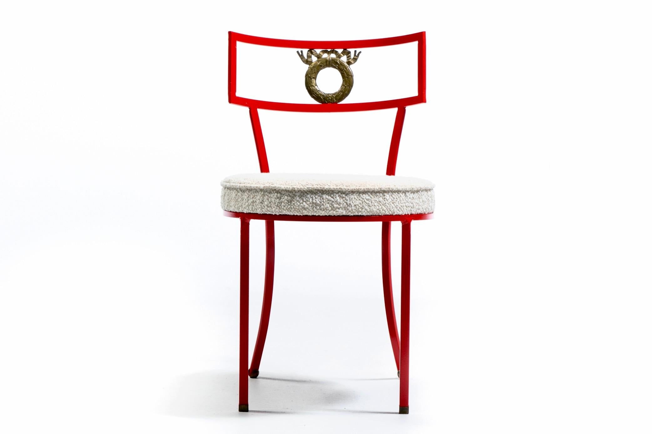 French Red Enameled Iron and Brass Side Chairs with Stylized Wreath Detail 1940s For Sale 2