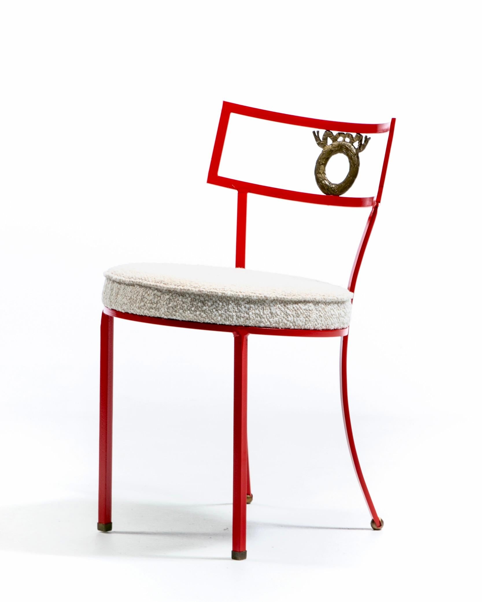 French Red Enameled Iron and Brass Side Chairs with Stylized Wreath Detail 1940s For Sale 3