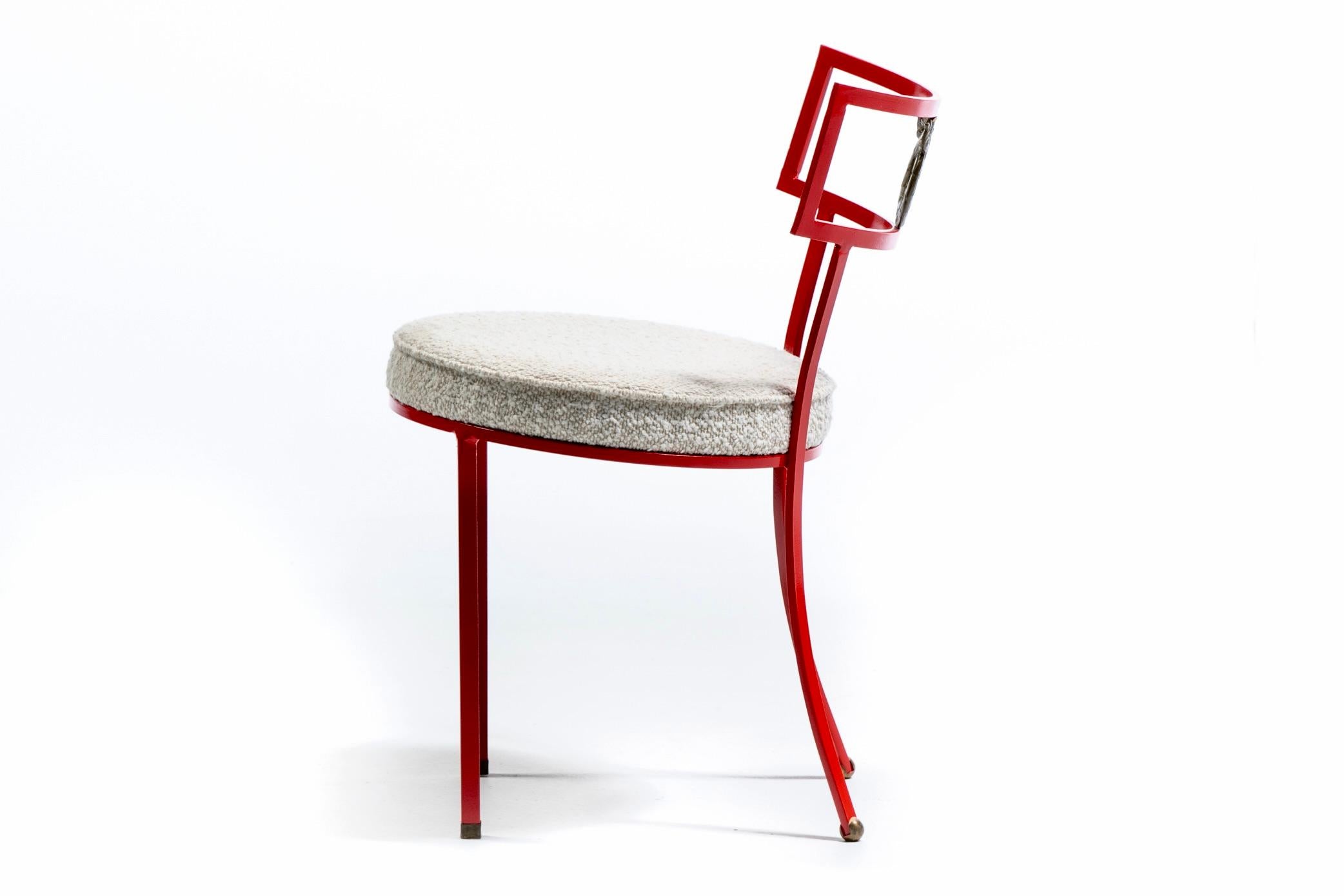 French Red Enameled Iron and Brass Side Chairs with Stylized Wreath Detail 1940s For Sale 4