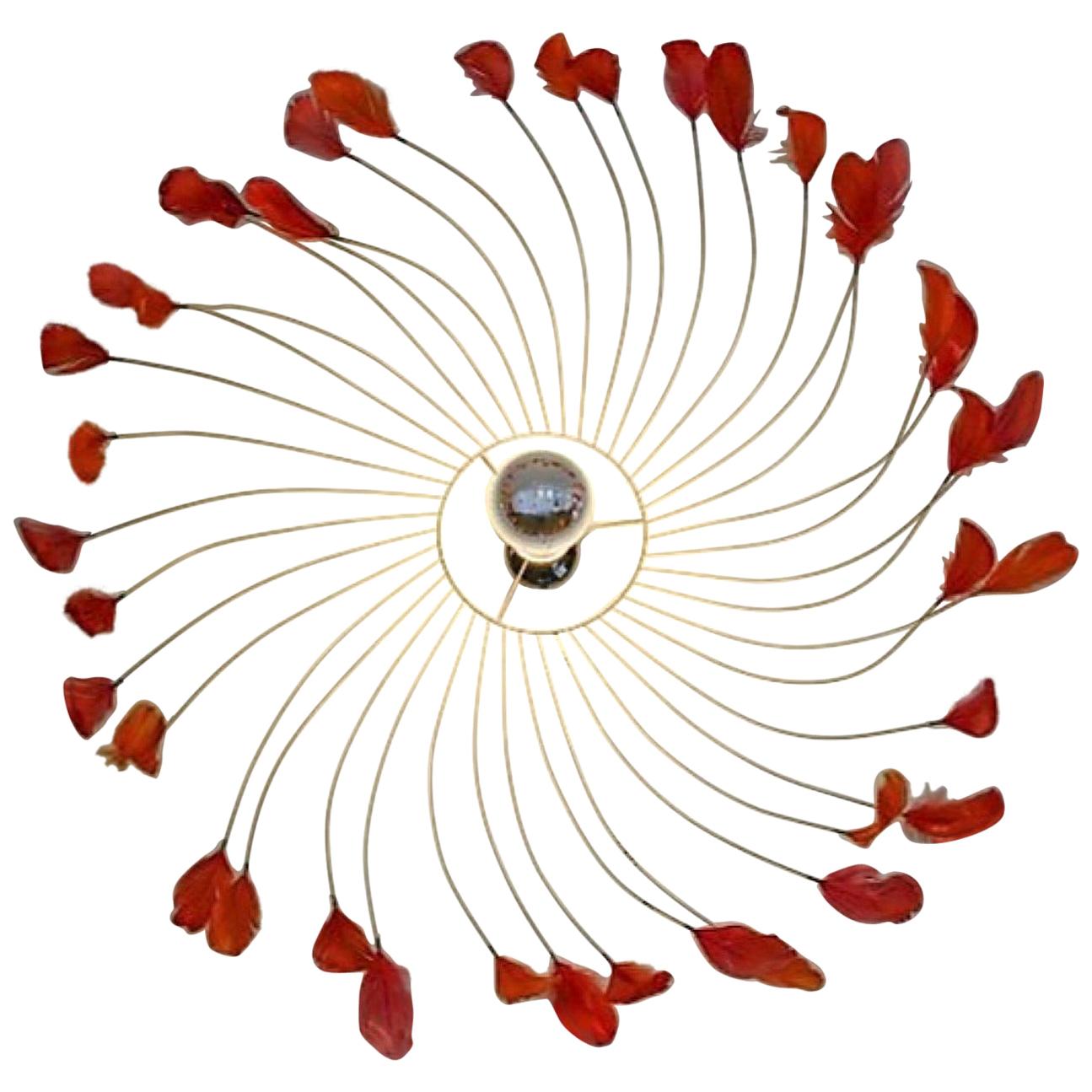 French Red Feathers Chandelier For Sale