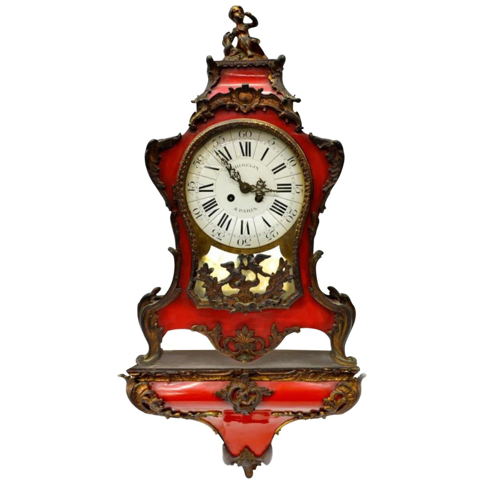 French Red Lacquer Mantle Clock on Wall Bracket, Signed GRIBELIN For Sale