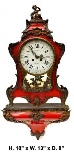 French Red Lacquer Mantle Clock on Wall Bracket, Signed GRIBELIN