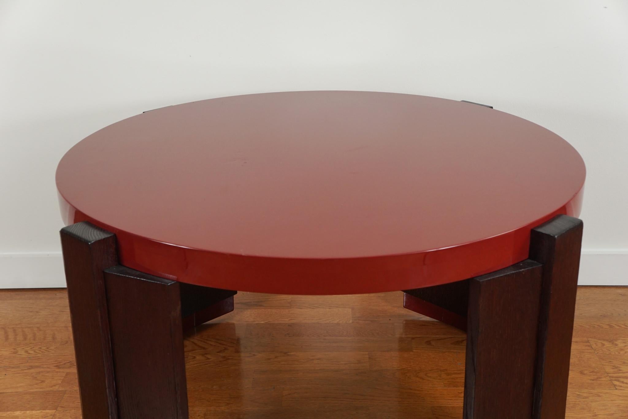 Wood French Red Lacquered Round Coffee Table by Michel Ducaroy 