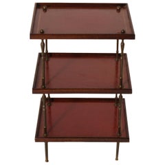 French Red Leather and Brass 3-Tier Table, circa 1940