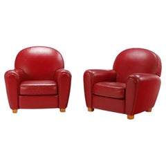 French Red leather Art deco style club chairs circa 1970.