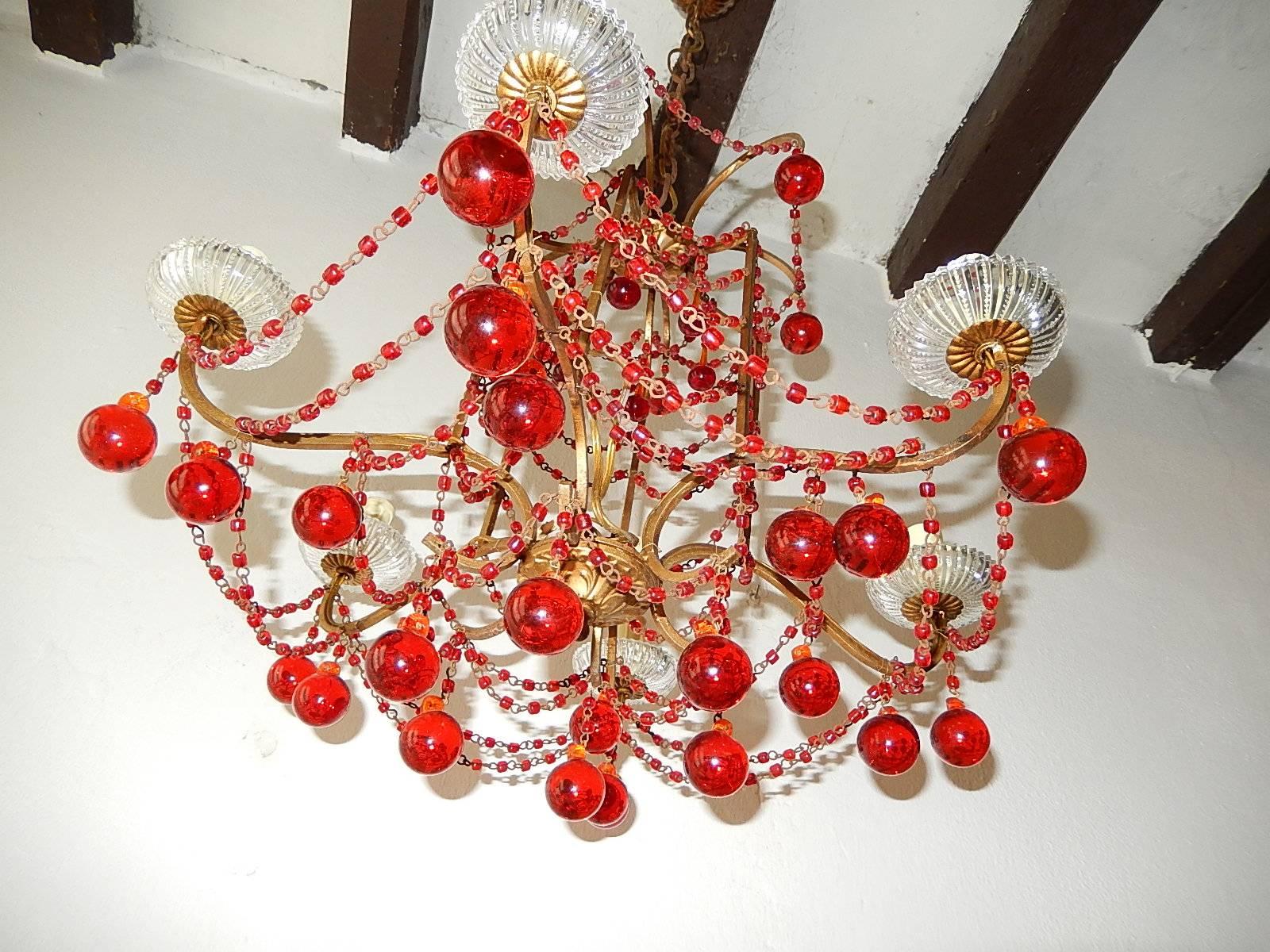 Mid-20th Century French Red Murano Ball and Chains Chandelier, circa 1940