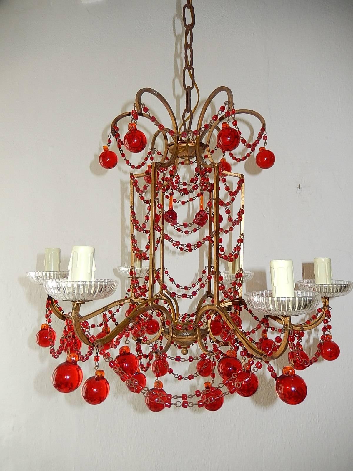 Crystal French Red Murano Ball and Chains Chandelier, circa 1940