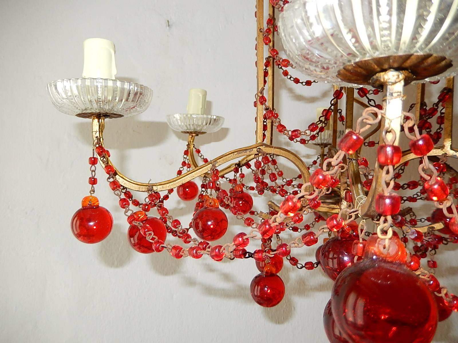 French Red Murano Ball and Chains Chandelier, circa 1940 2