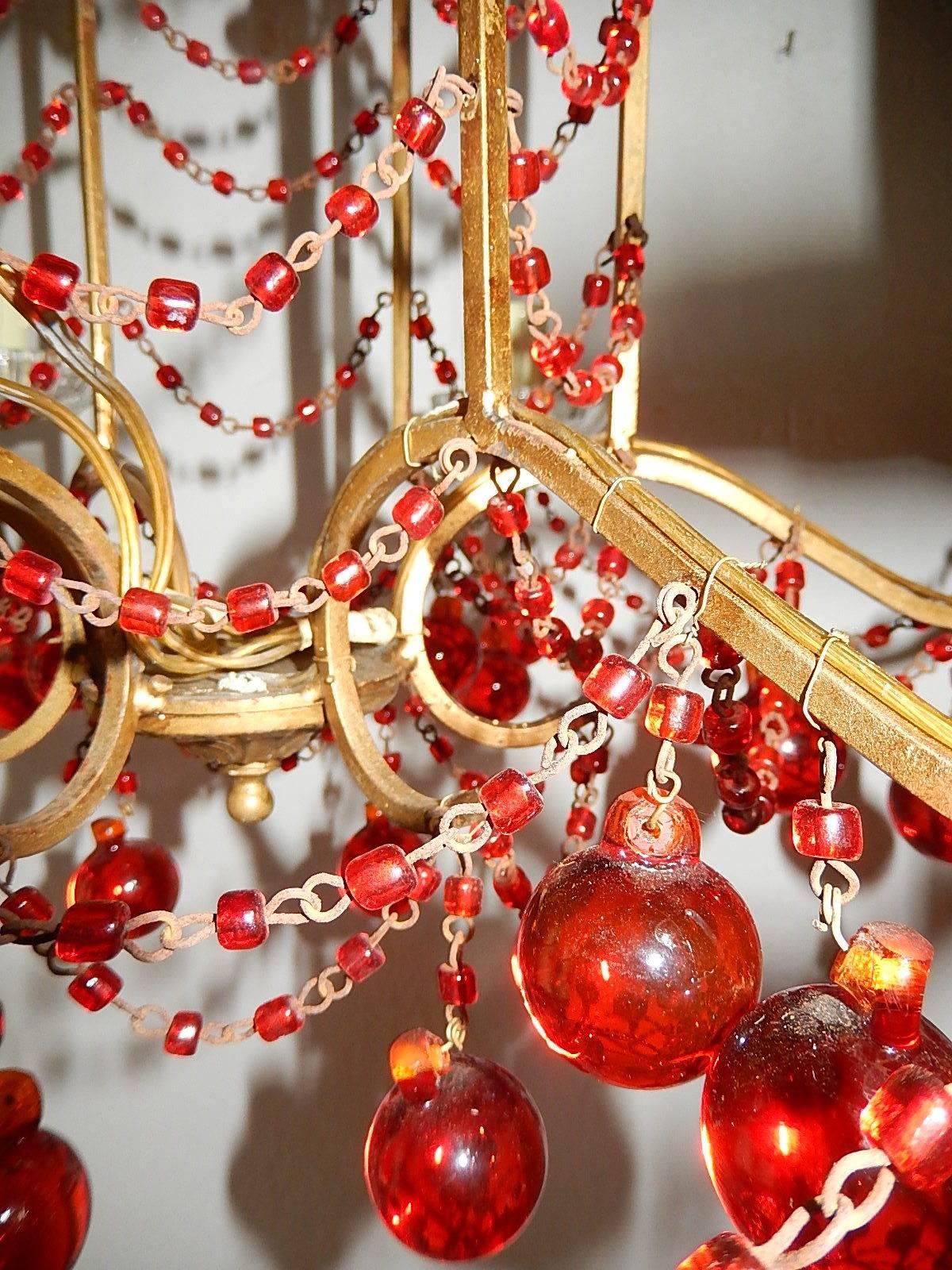 French Red Murano Ball and Chains Chandelier, circa 1940 3