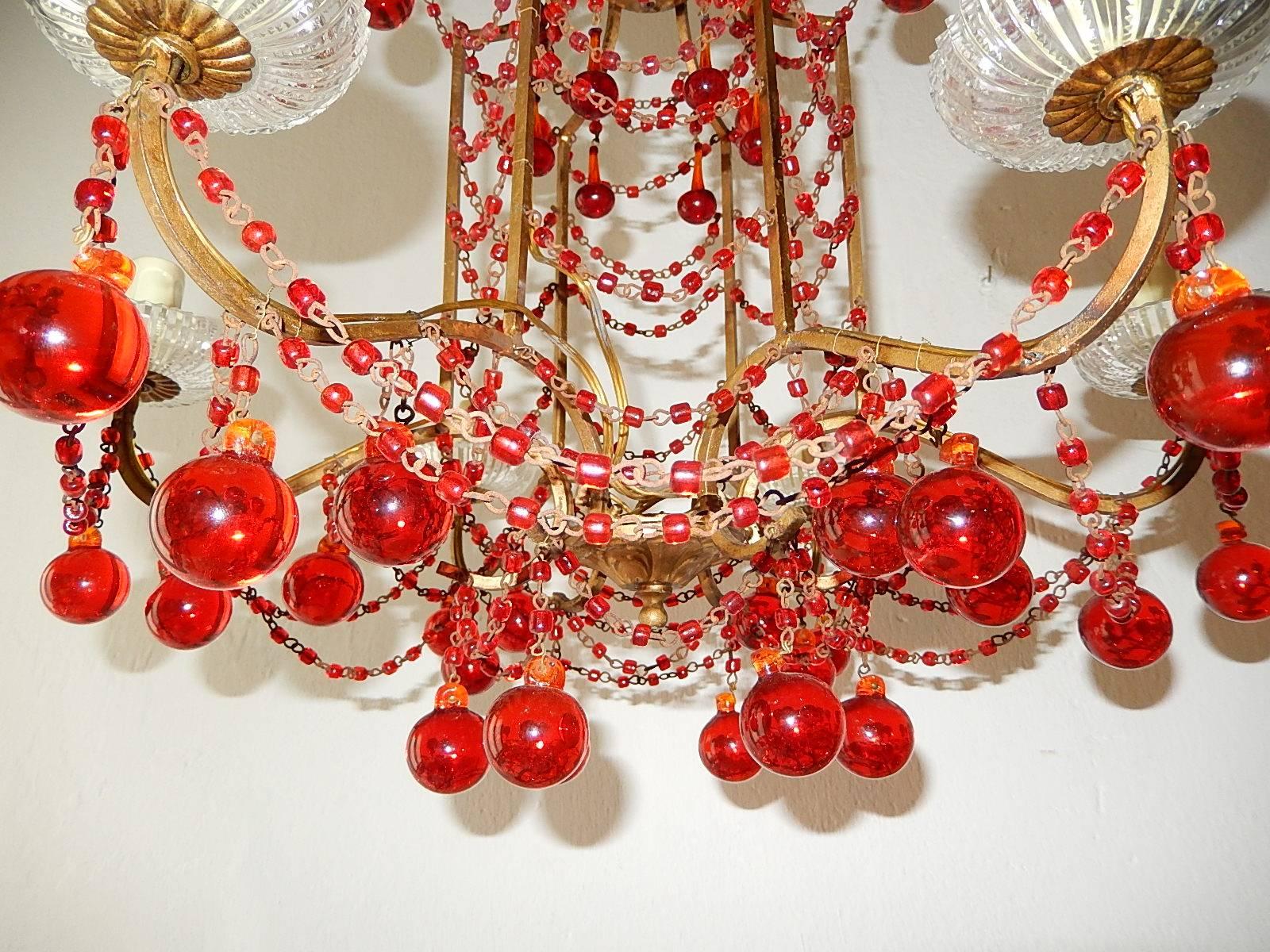French Red Murano Ball and Chains Chandelier, circa 1940 4