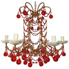 French Red Murano Ball and Chains Chandelier, circa 1940