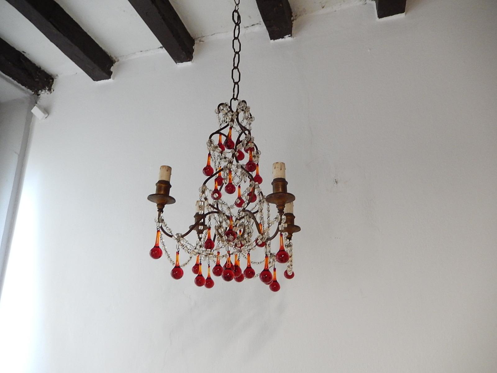 Lustre français à gouttes de Murano rouge, circa 1920 en vente 4
