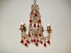 French Red Murano Ball Drops Chandelier, circa 1920