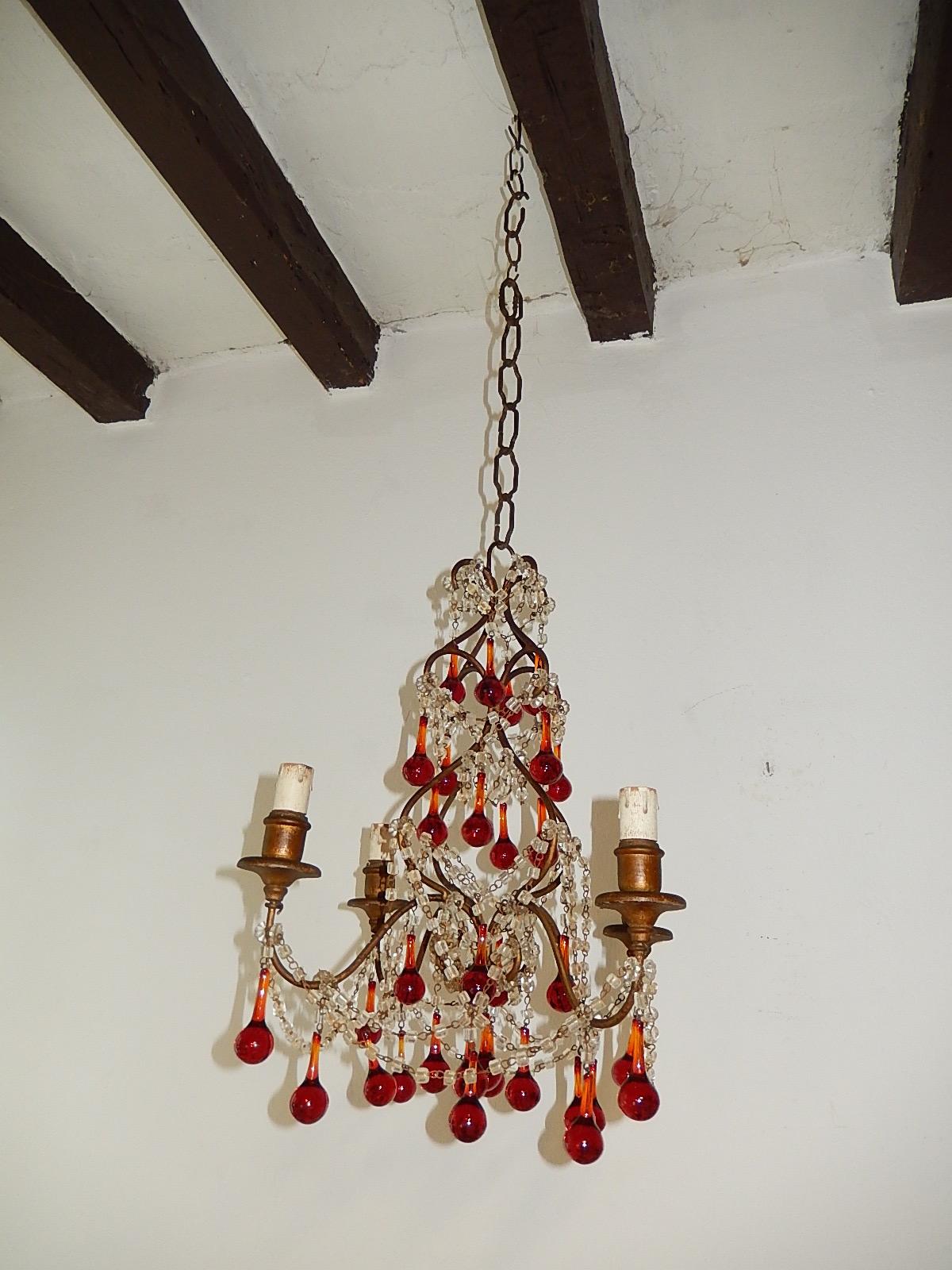 Français Lustre français à gouttes de Murano rouge, circa 1920 en vente