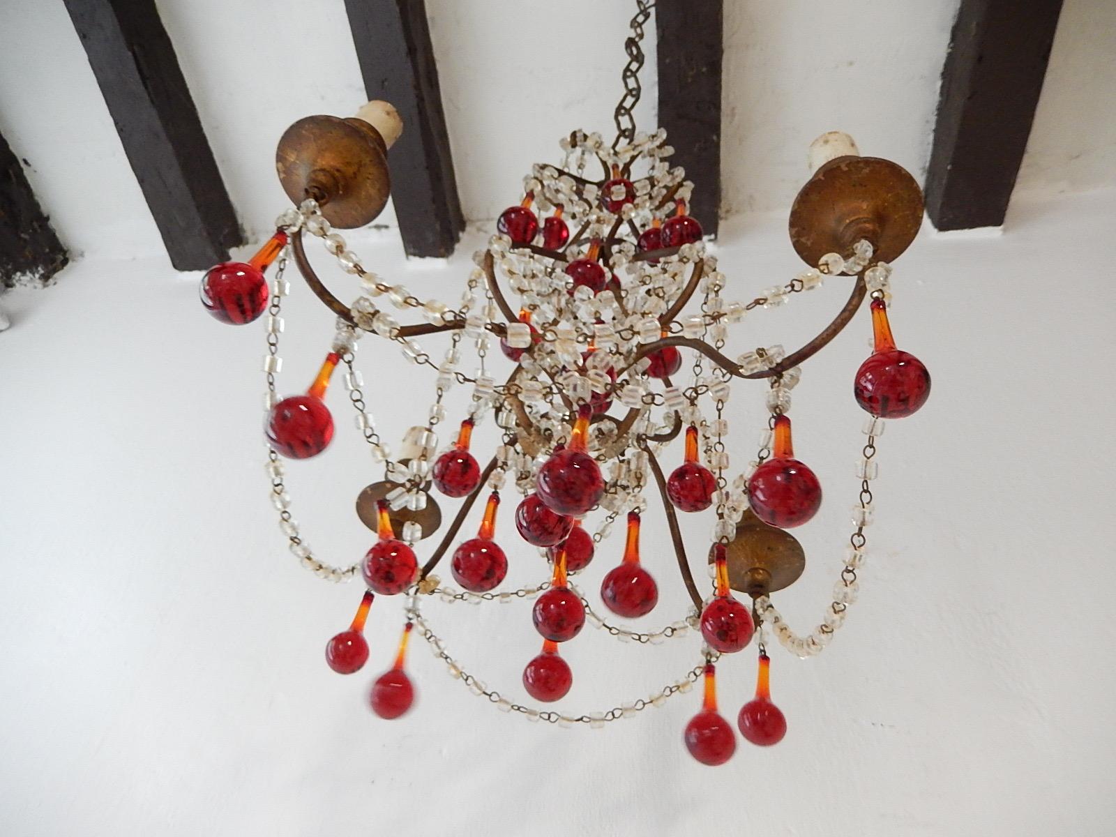 Early 20th Century French Red Murano Ball Drops Chandelier, circa 1920 For Sale