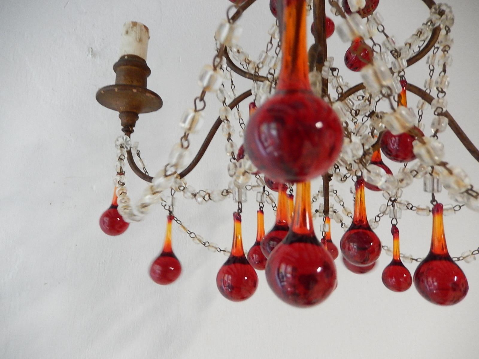 Crystal French Red Murano Ball Drops Chandelier, circa 1920 For Sale