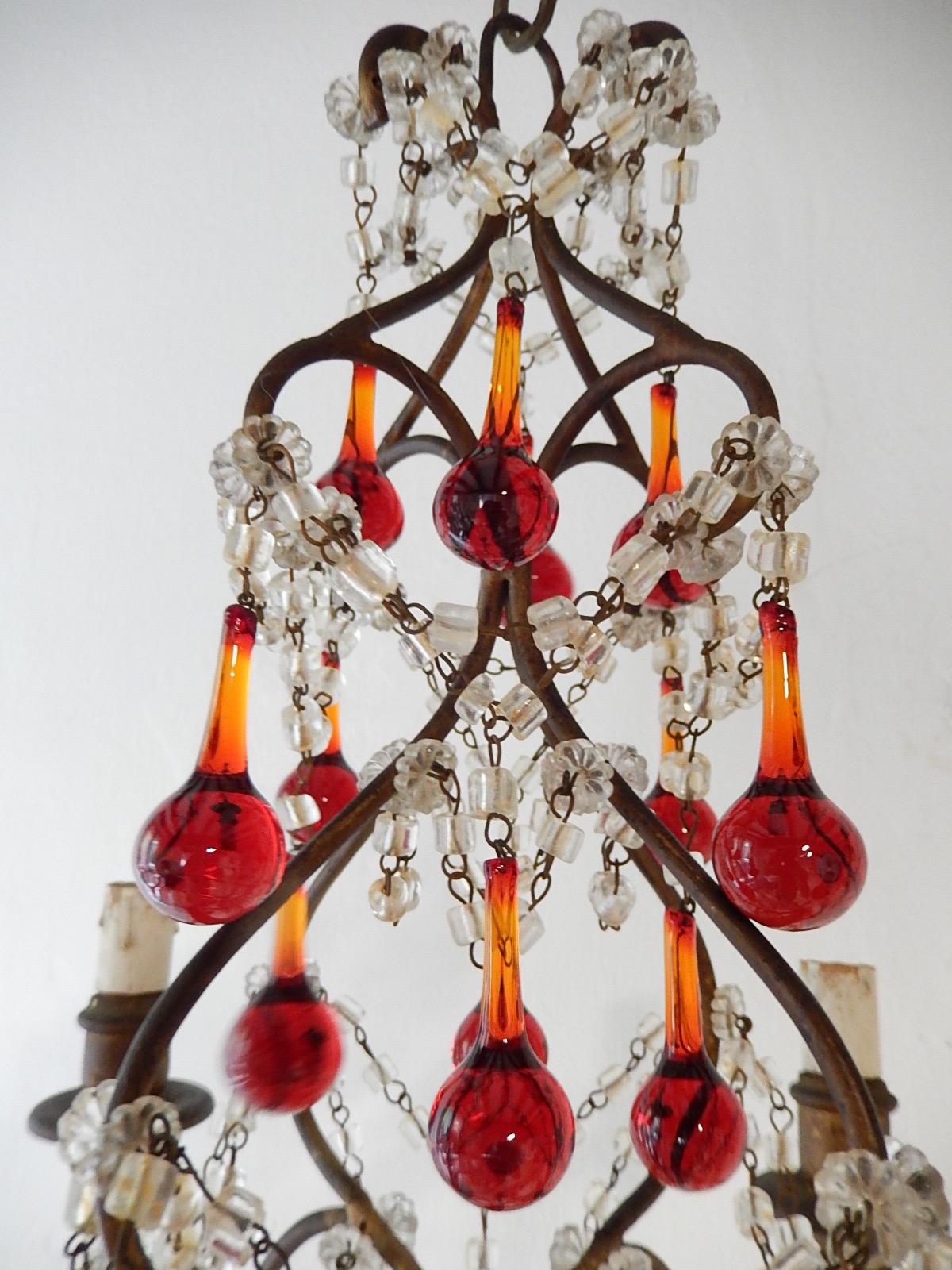 Cristal Lustre français à gouttes de Murano rouge, circa 1920 en vente