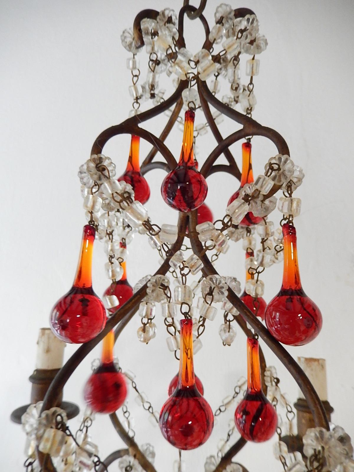 French Red Murano Ball Drops Chandelier, circa 1920 For Sale 1