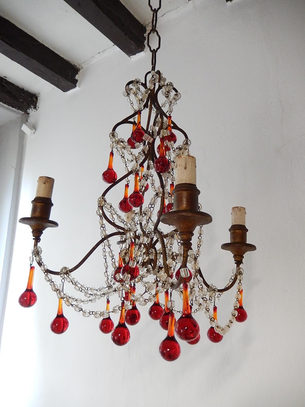French Red Murano Ball Drops Chandelier, circa 1920 For Sale 4