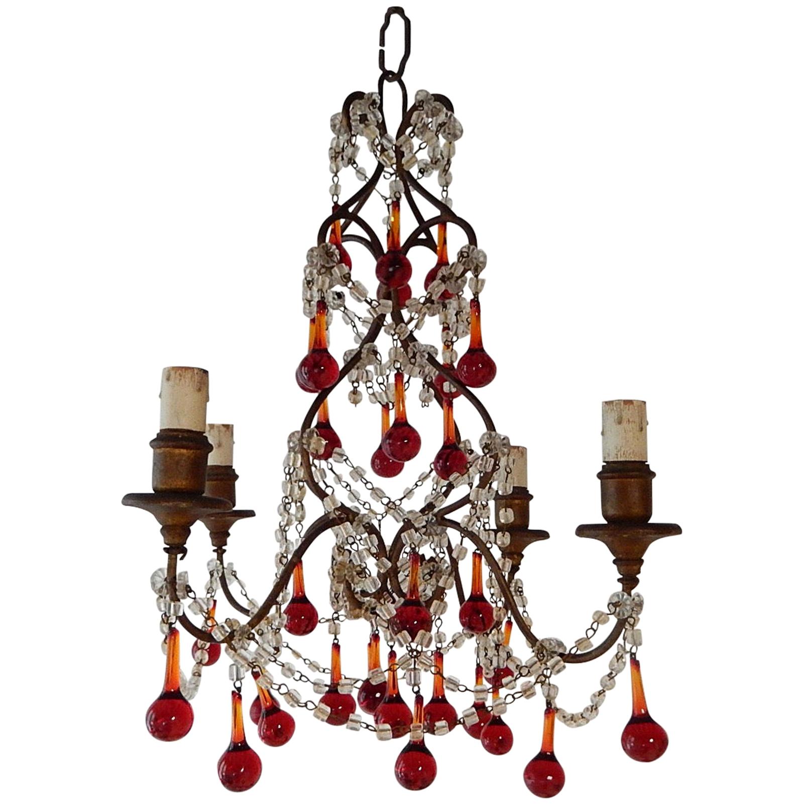 French Red Murano Ball Drops Chandelier, circa 1920 For Sale