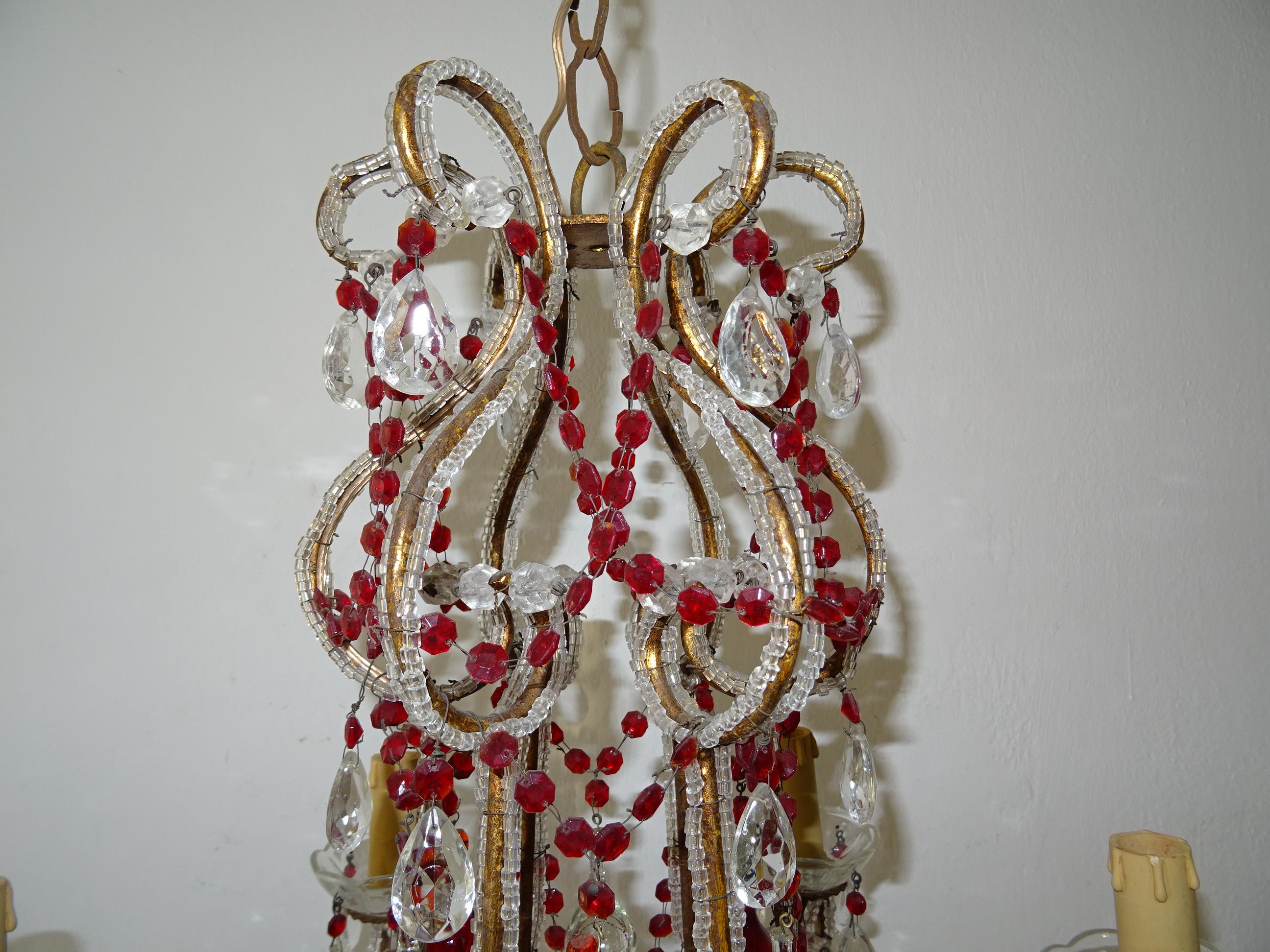 Lustre français en gouttes et chaînes en cristal de Murano rouge avec prismes en perles, vers 1900 en vente 3