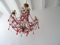 French Red Murano Drops and Chains Beaded Crystal Prisms Chandelier, circa 1900