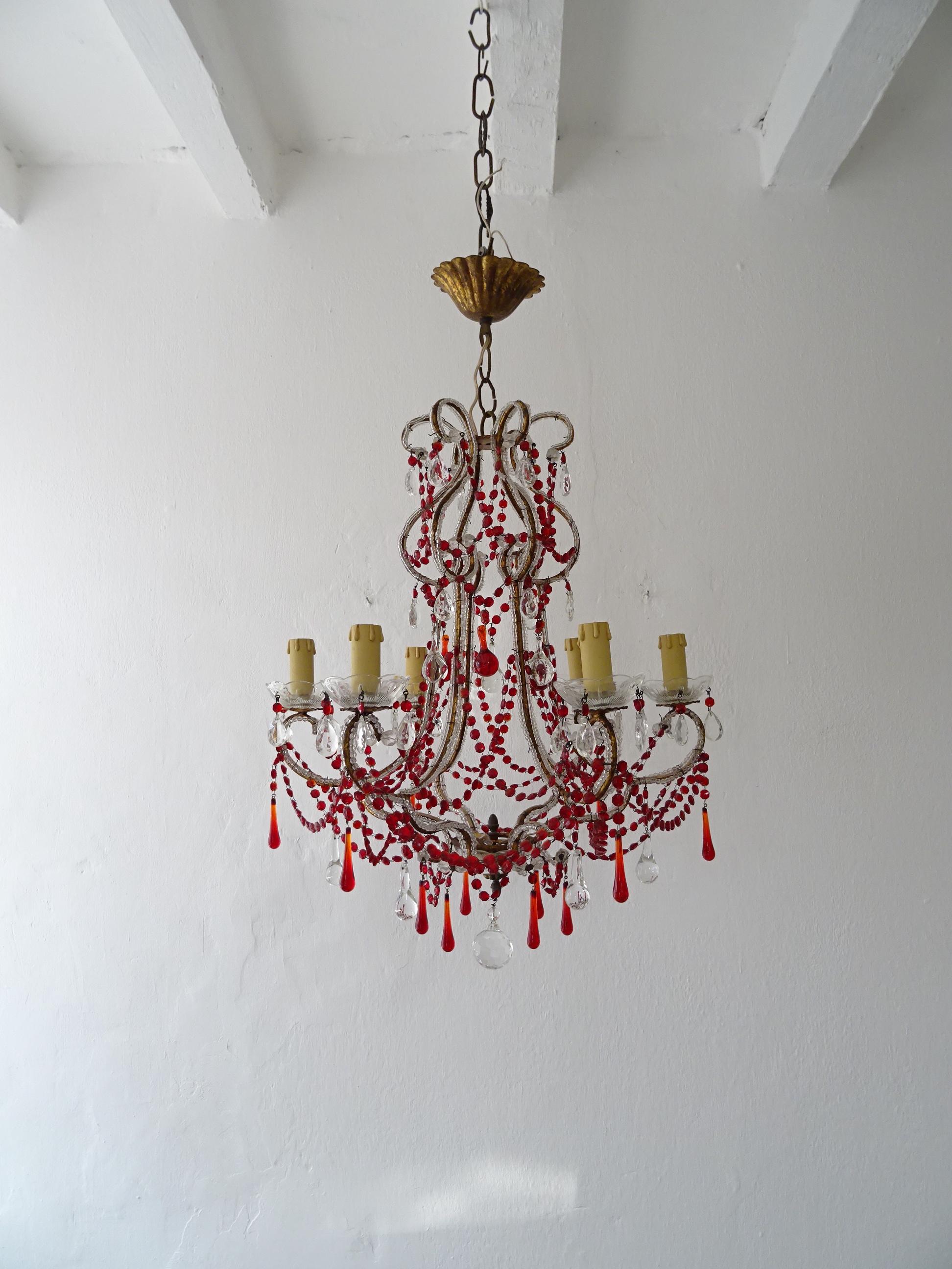 Hand-Knotted French Red Murano Drops and Chains Beaded Crystal Prisms Chandelier, circa 1900 For Sale