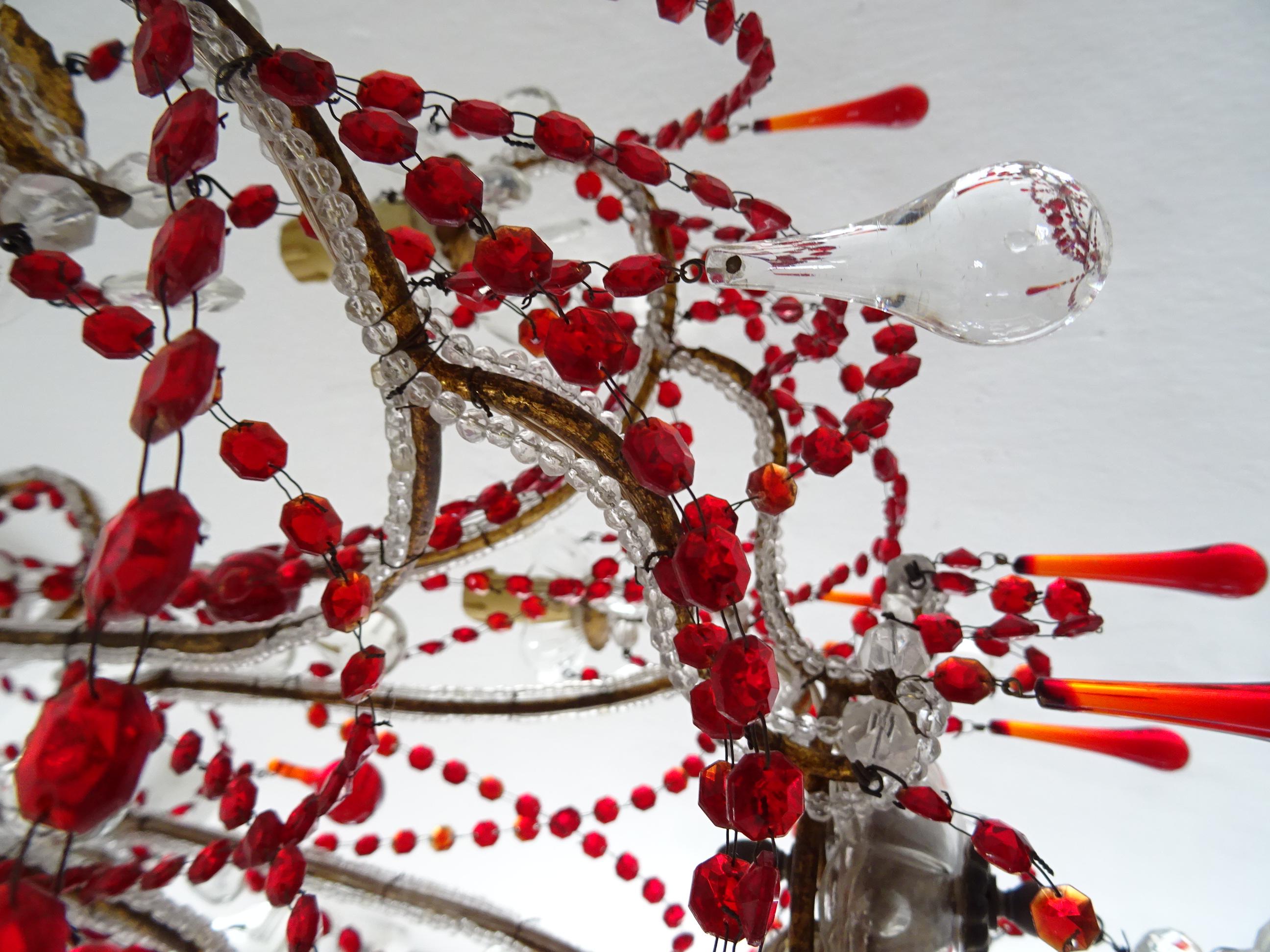 Early 20th Century French Red Murano Drops and Chains Beaded Crystal Prisms Chandelier, circa 1900 For Sale