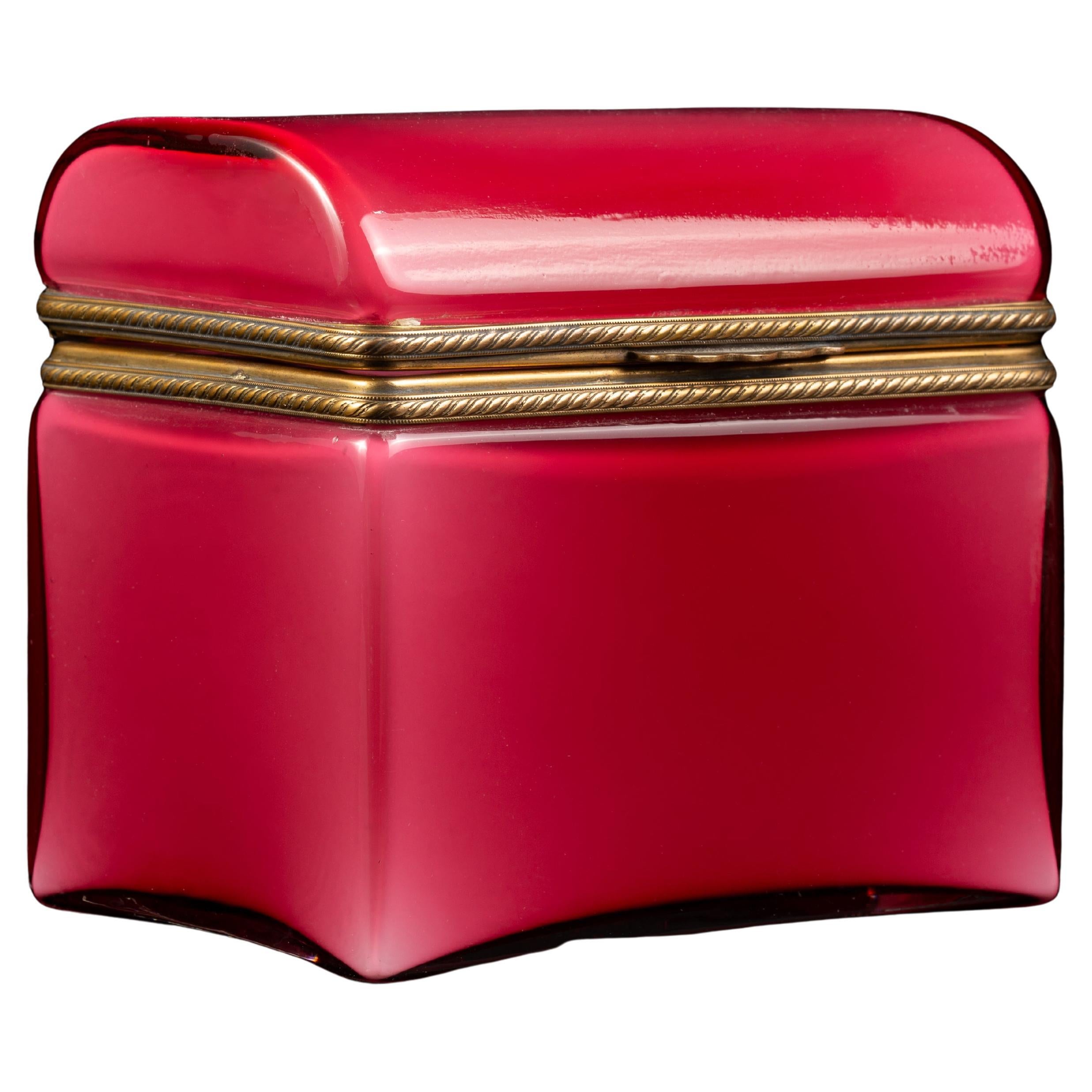 French Red Over White Opaline Ormolu Mounted Covered Box, Domed Top